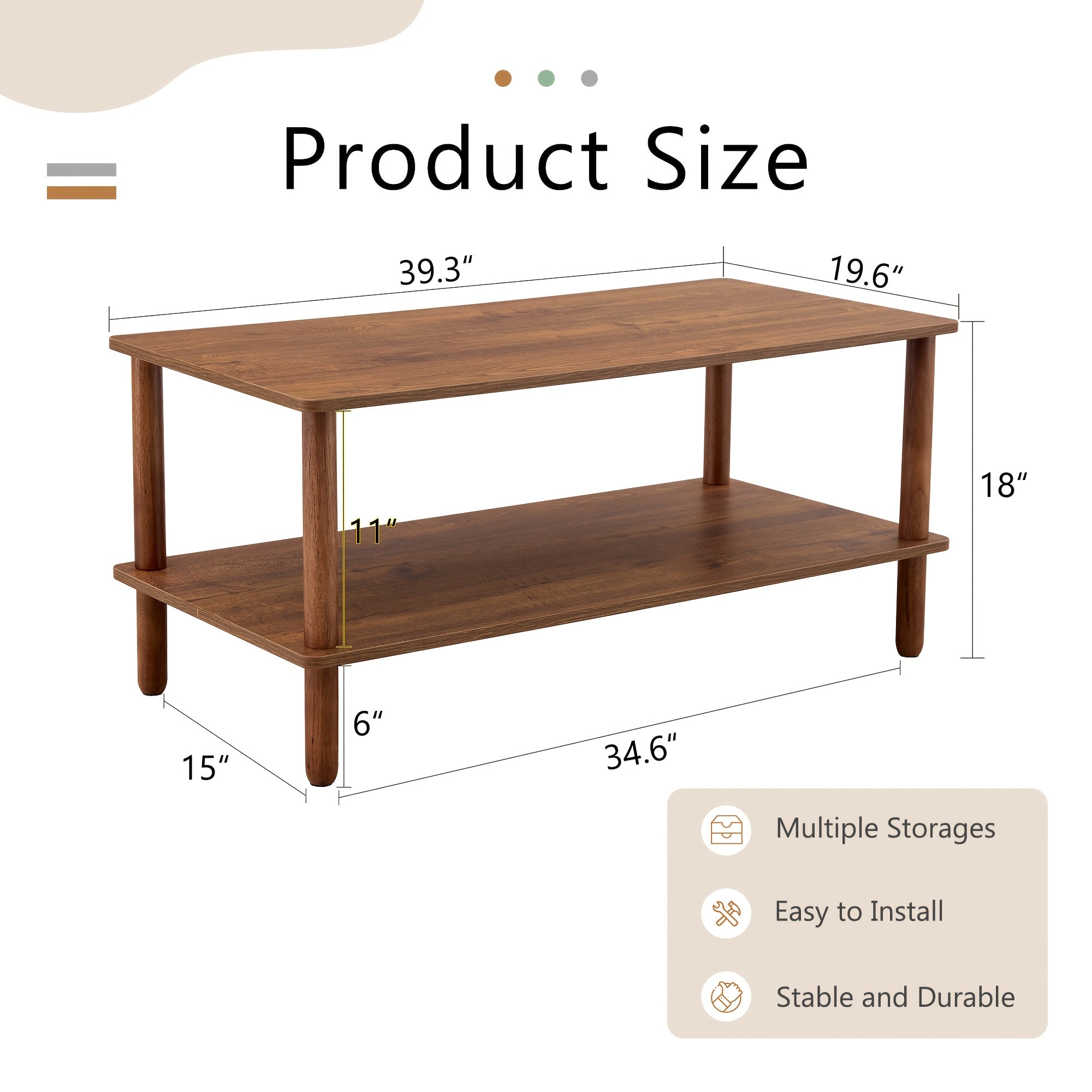 2-Tier Coffee Table For Living Room, Walnut Wood Coffe Table With Open Storage Shelf, Living Room Table Rectangular Center Table, Rubberwood Legs, Easy Assembly, Boho Style