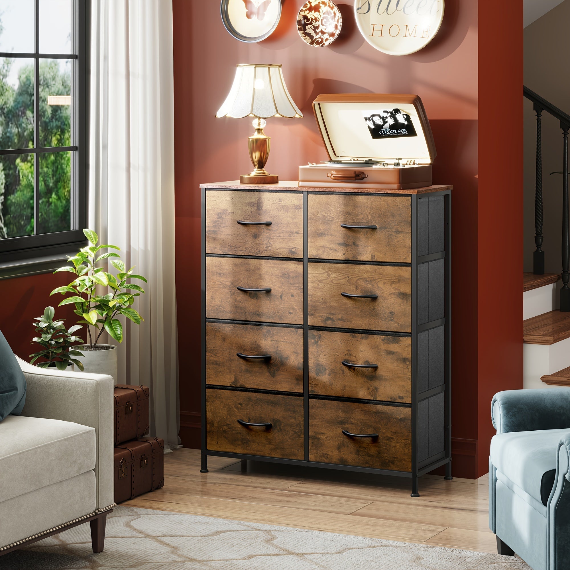 Fabric Dresser for Bedroom, Tall Dresser with 8 Drawers, Storage Tower with Fabric Bins, Double Dresser, Chest of Drawers for Closet, Living Room, Hallway