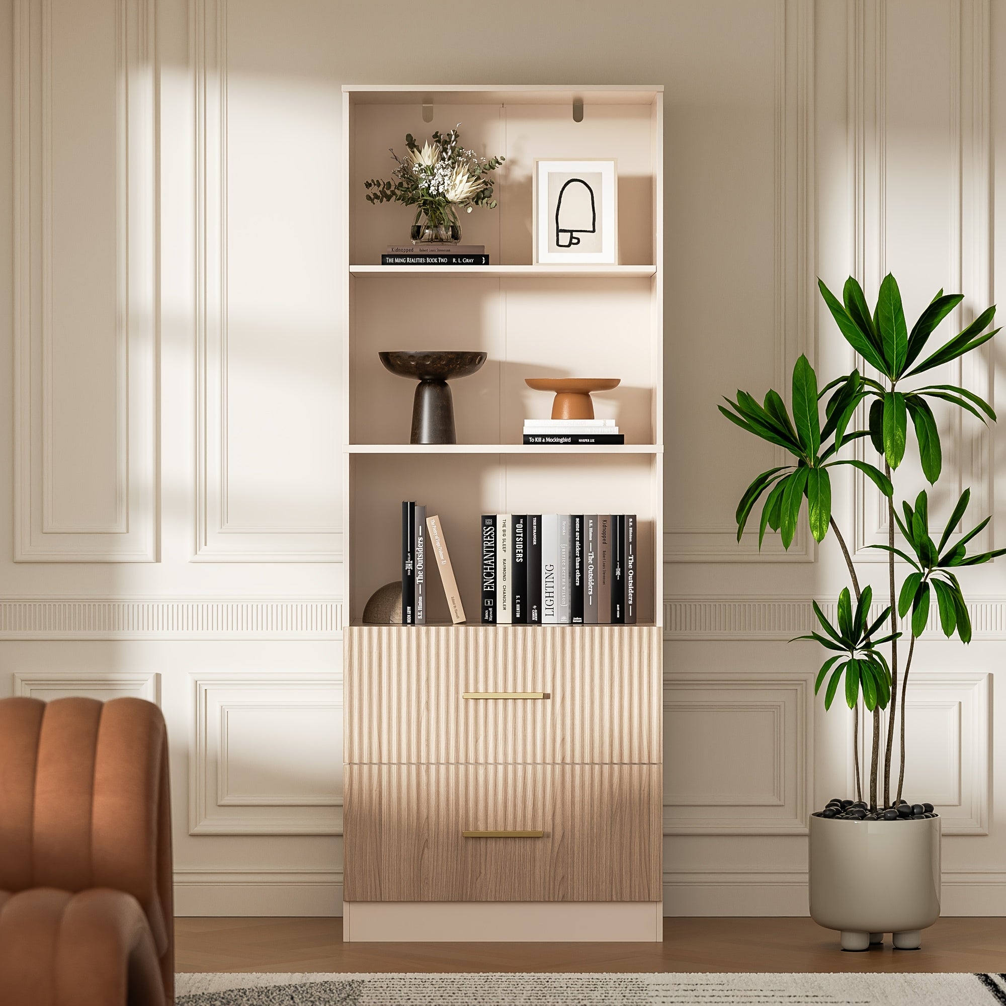 160cm tall bookshelf with 2 drawers, 3-layer modern bookshelf with adjustable shelves, corner open cube shelf, floor display bookshelf, suitable for living room, bedroom, office, white/black/rubber