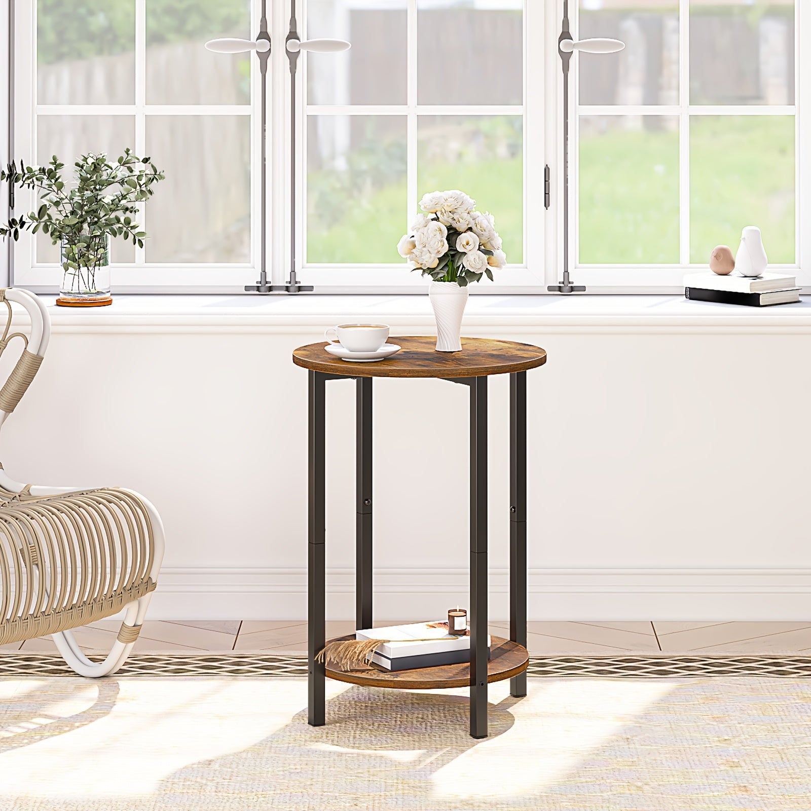 Rustic 2-Tier Round Side Table with Storage - Industrial Wood & Metal Frame, Perfect for Small Spaces, Living Room, Bedroom - Available in Rustic Brown and Greige, Accent Table, Sofa Couch Table, Stable