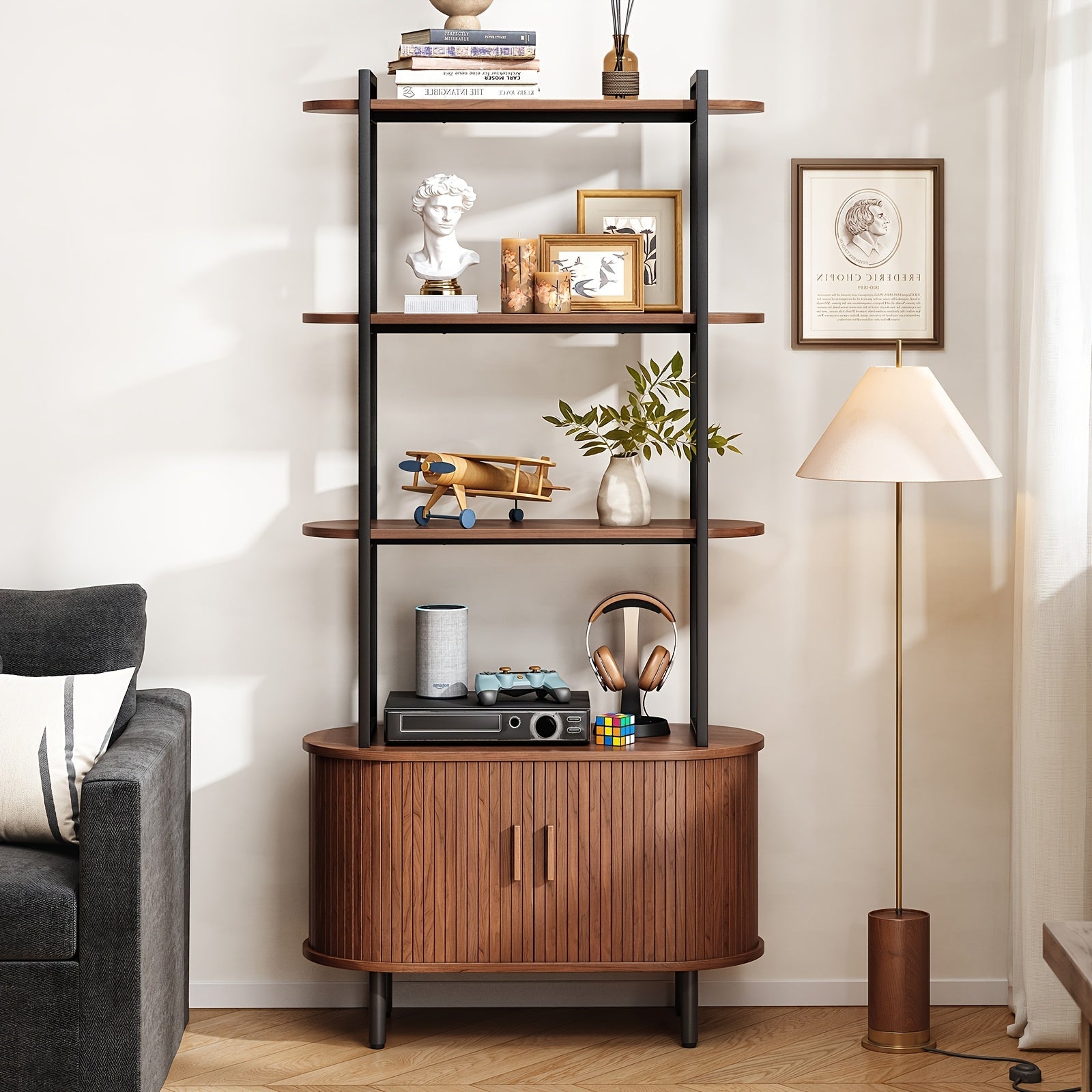 4-Tier Open Bookshelf 180cm High Floor Standing Display Bookcase Storage Rack With Storage Cabinets Living Room, Bedroom, Home Office Display Shelf Walnut