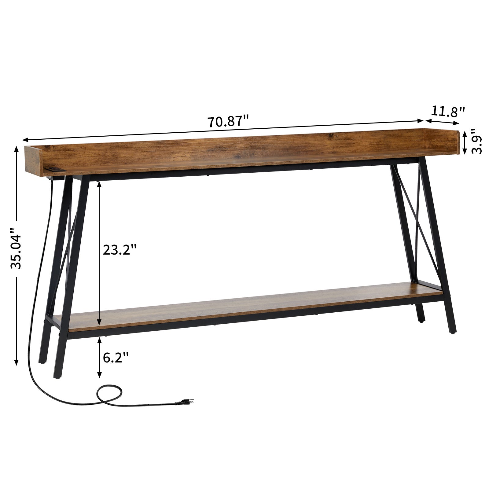 Extra-Long 180 cm Rustic Industrial Console Table with Storage Shelf - Brown, Sturdy Metal Frame & Built-In Power Outlet, Ideal for Living Room, Hallway, Entryway Decor, Table Decor