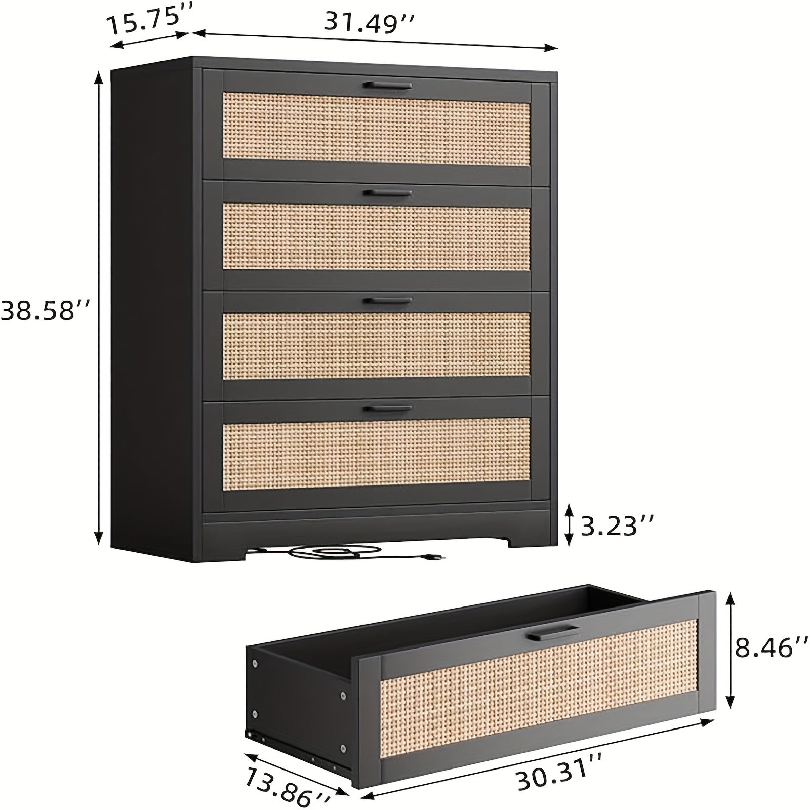 1pc Classic White Wooden 4-Drawer Dresser with Rattan Detail, Floor Mounted Tall Chest with Power Outlets, Metal Handle Organizer for Bedroom, Living Room, Closet, Hallway - Independent, No Electricity Needed, Under 3.2 Cubic