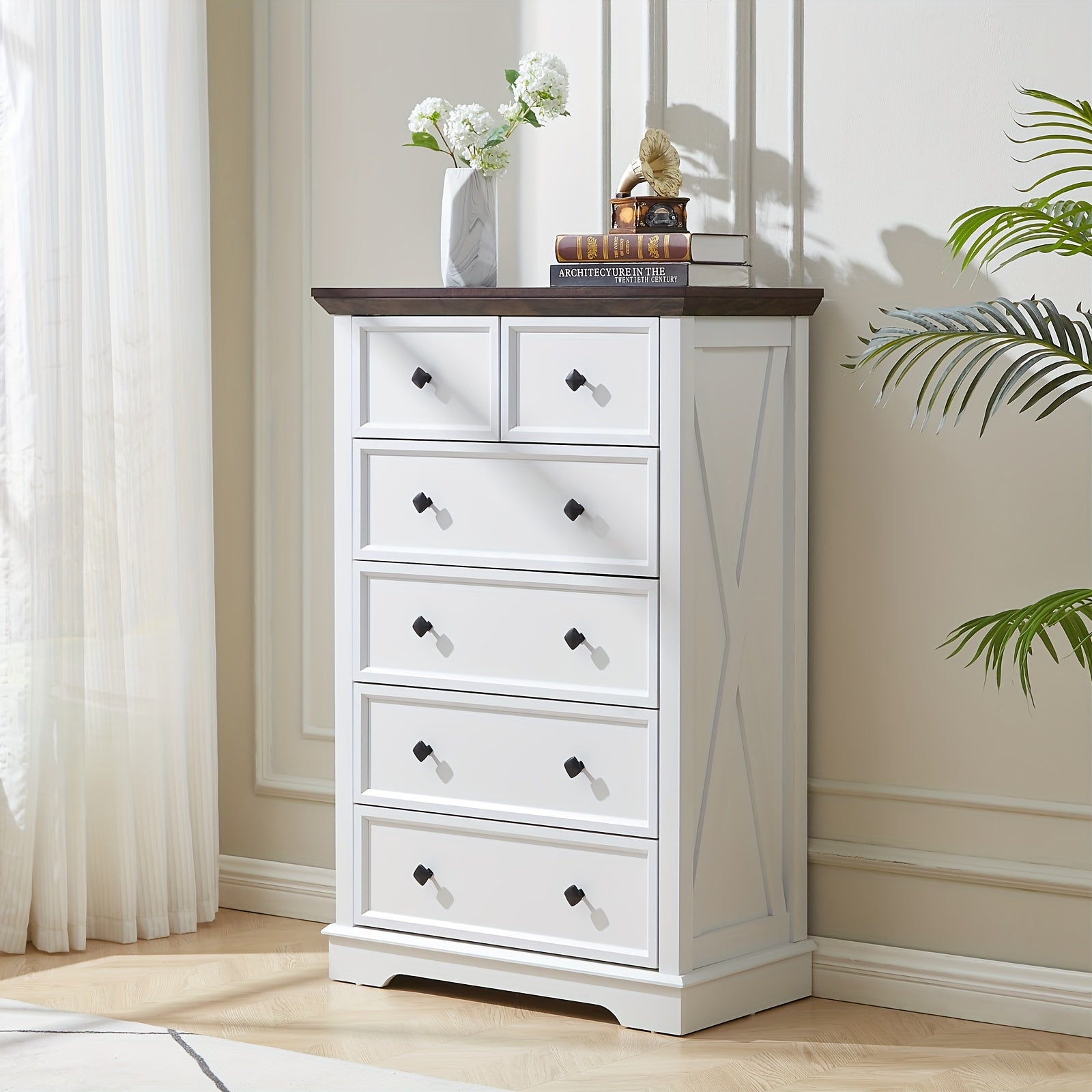 1pc Farmhouse Style 6-Drawer Dresser, 122cm Tall Hardwood & Artificial Board Chest, White Storage Cabinet for Bedroom, Living Room, Entryway - Independent, No Electricity Needed