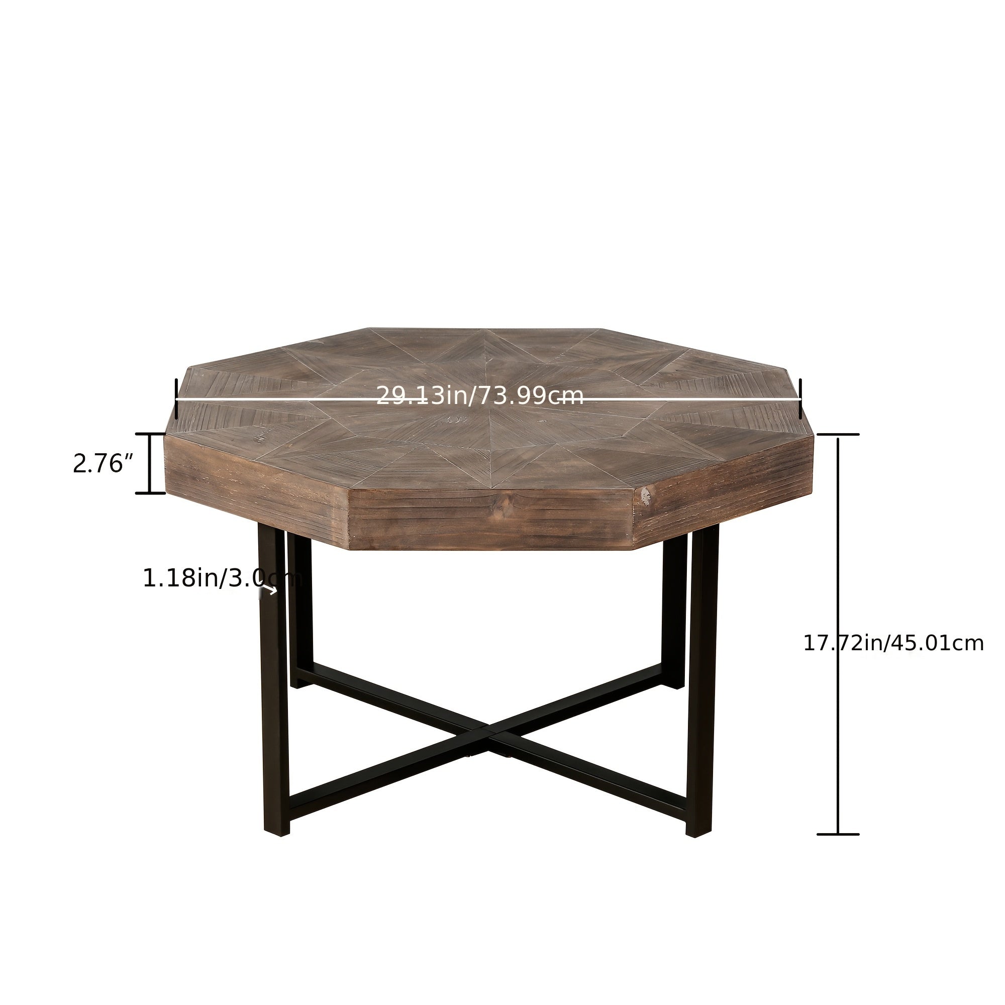 Octagonal Coffee Tea Table, Wooden Patchwork Style, Cross Metal Legs, Suitable for Patio, Balcony Living Room Tea Table