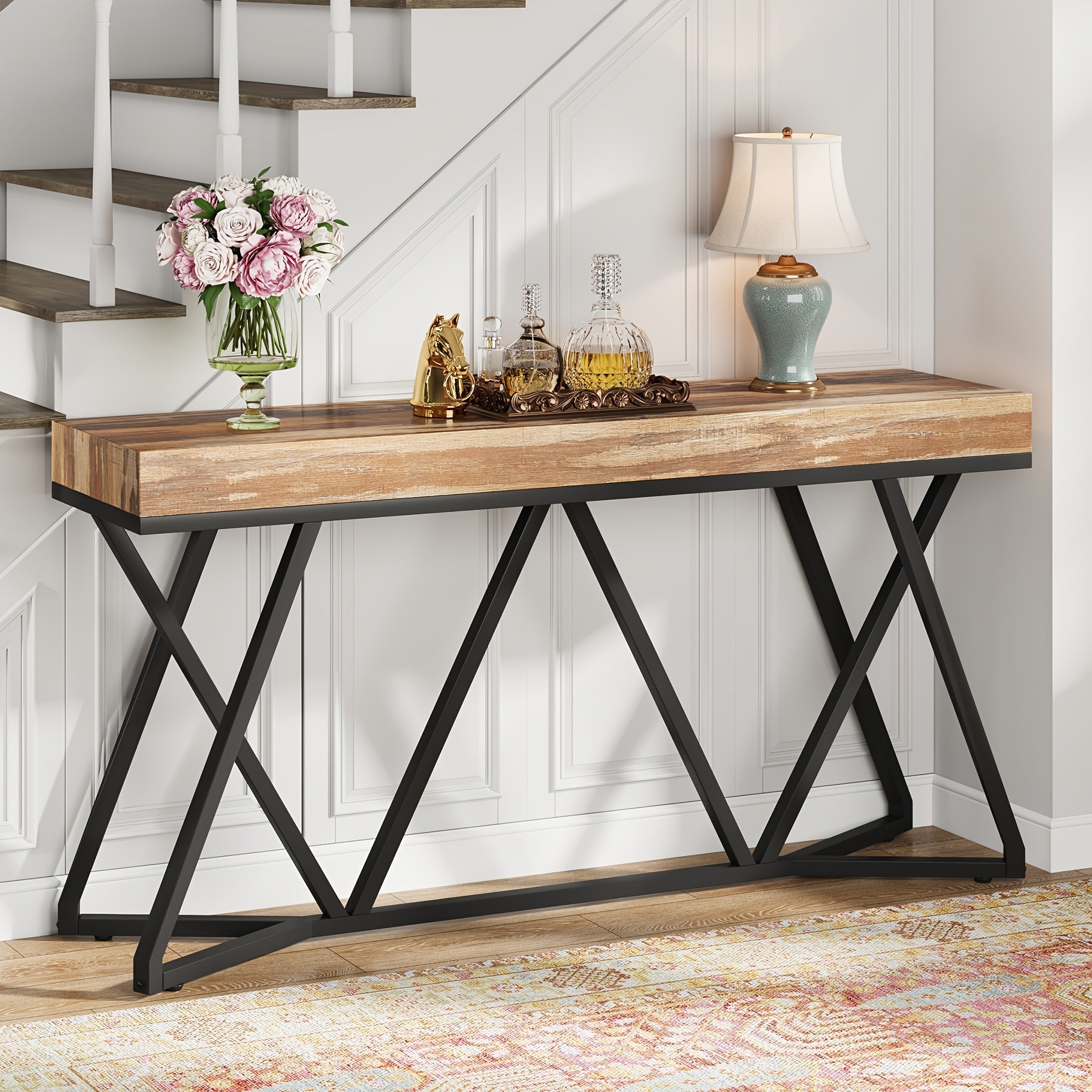 140 cm Farmhouse Industrial Entryway Table with Metal Base, Wood Console Sofa Table for Living Room, Hallway, Entrance - Black Frame with Brown Top, Under 90.7 L Storage Capacity, Over 68.6 cm Height