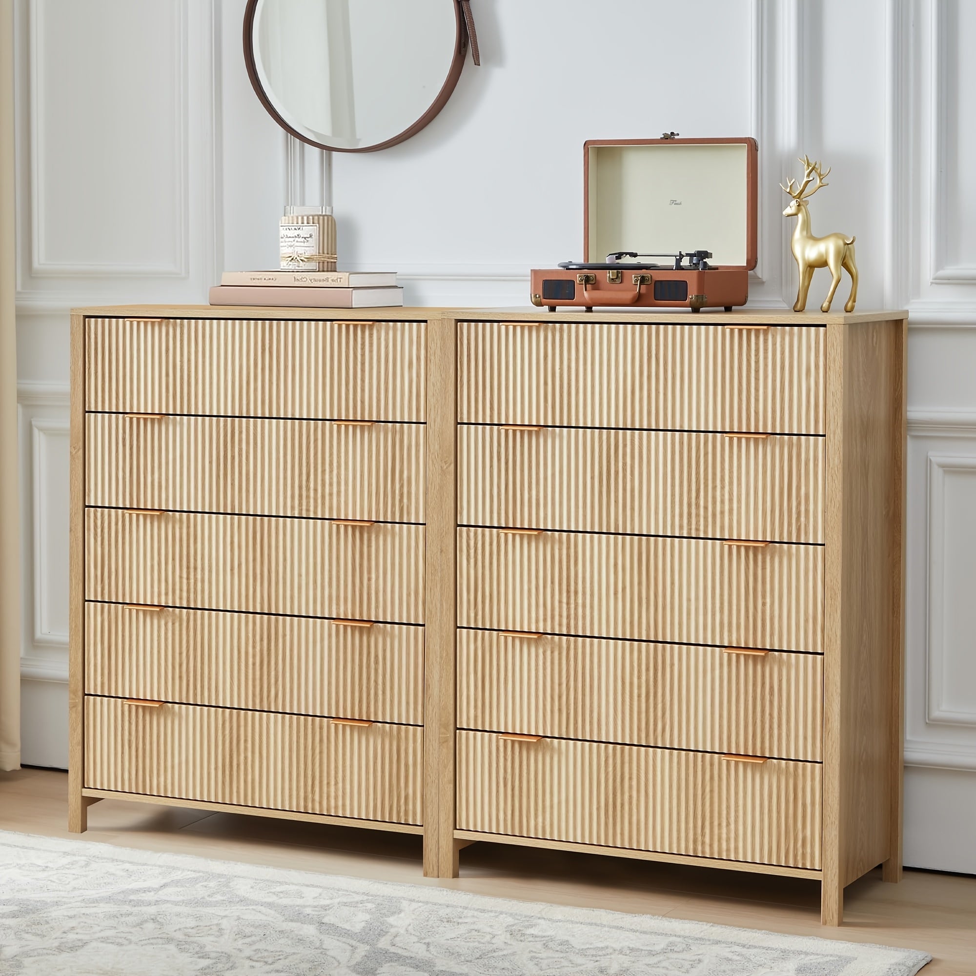 5 Drawer Double Dresser For Bedroom, Modern Wide Chest Of Drawers With Fluted Panel Design, Wood Storage Dressers Chest Of Drawers For Bedroom Living Room Hallway Closet, Natural, 2 Sets