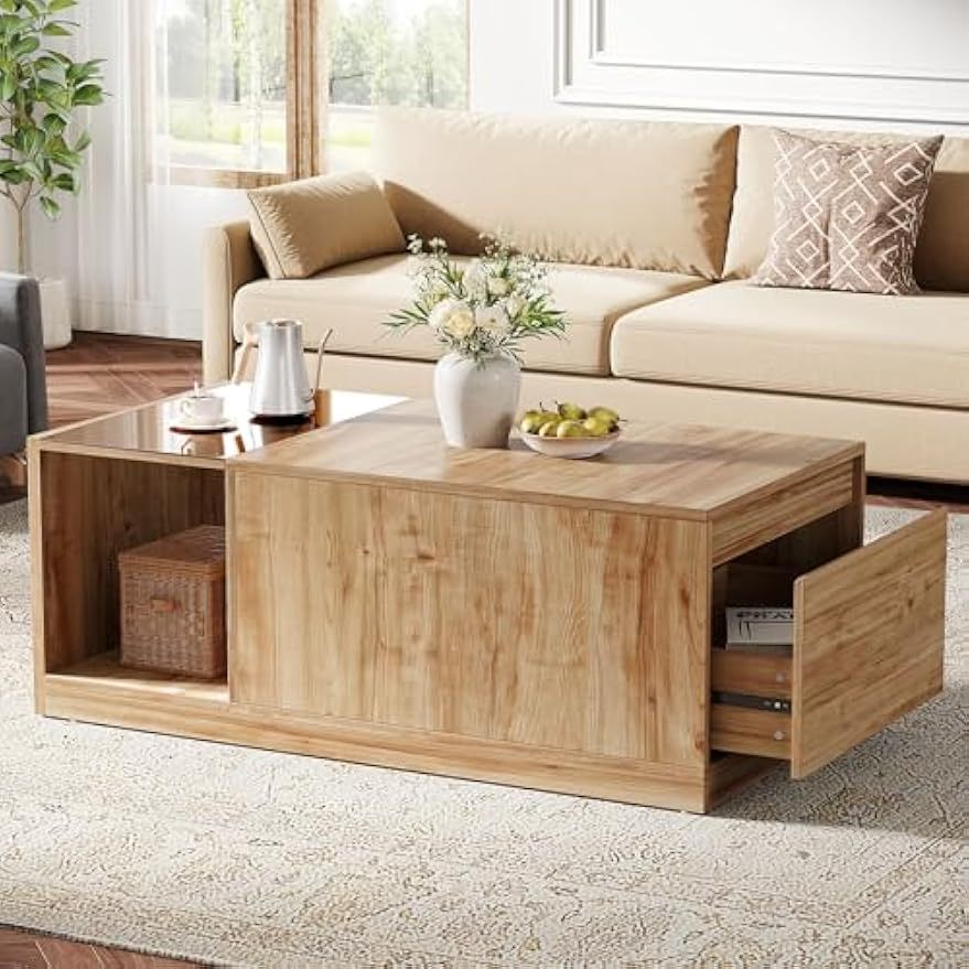 122cm Coffee Table with Drawer & Storage Shelf, Farmhouse Coffee Table with Tawny Glass, Wood Center Table for Living Room, Modern Home Furniture, Brown & Tawny