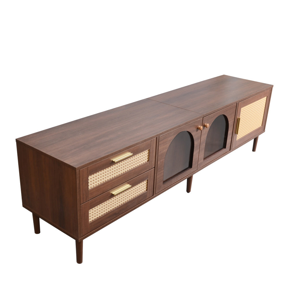 Rattan TV Cabinet with 3 Cabinets and 2 Drawers, Rattan Style Media Console Table, Suitable for TVs up to 80 Inches, TV Cabinet for Living Room, Bedroom, Home Theater