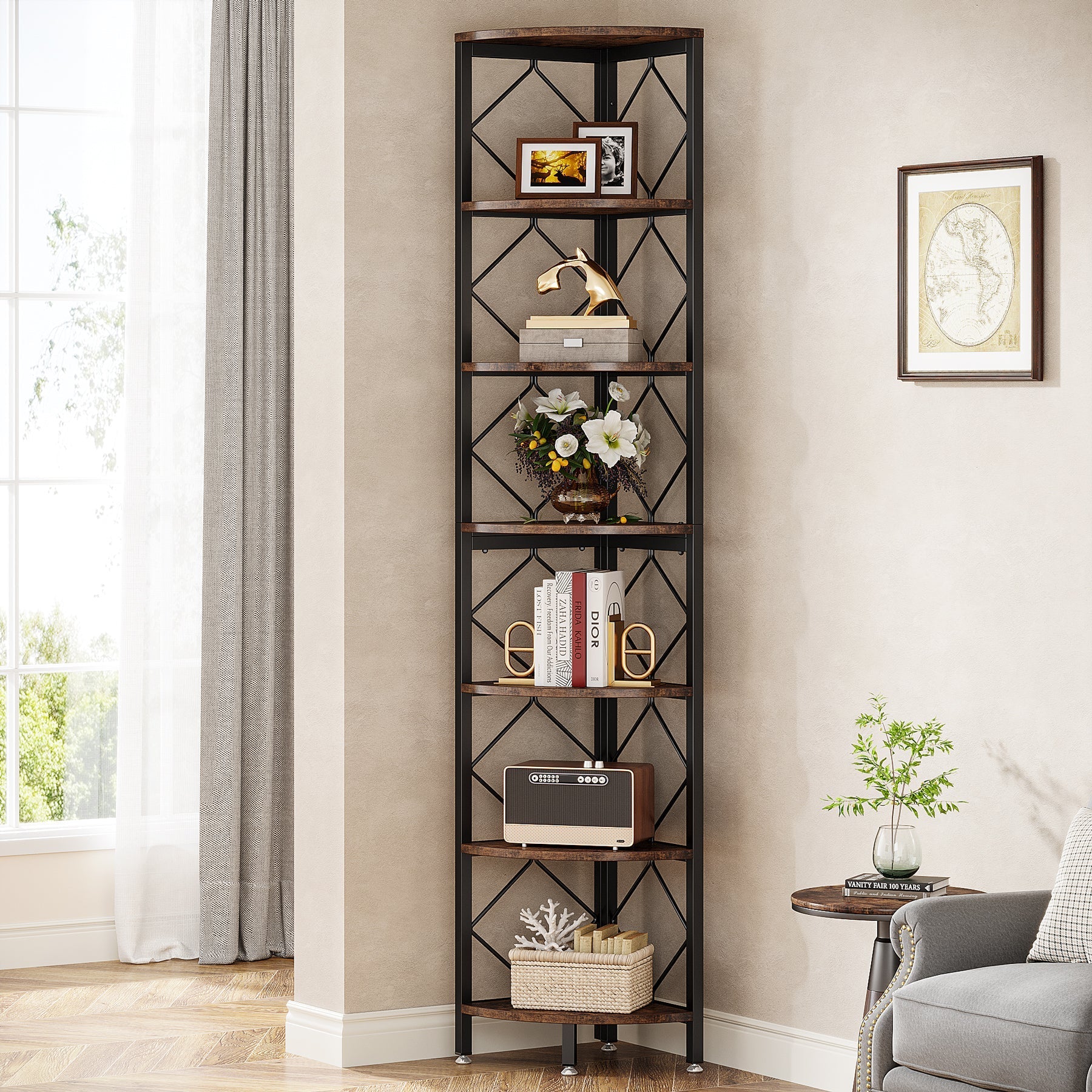 7-Tier Corner Shelf, 200 cm Corner Bookcase Slim Corner Storage Rack