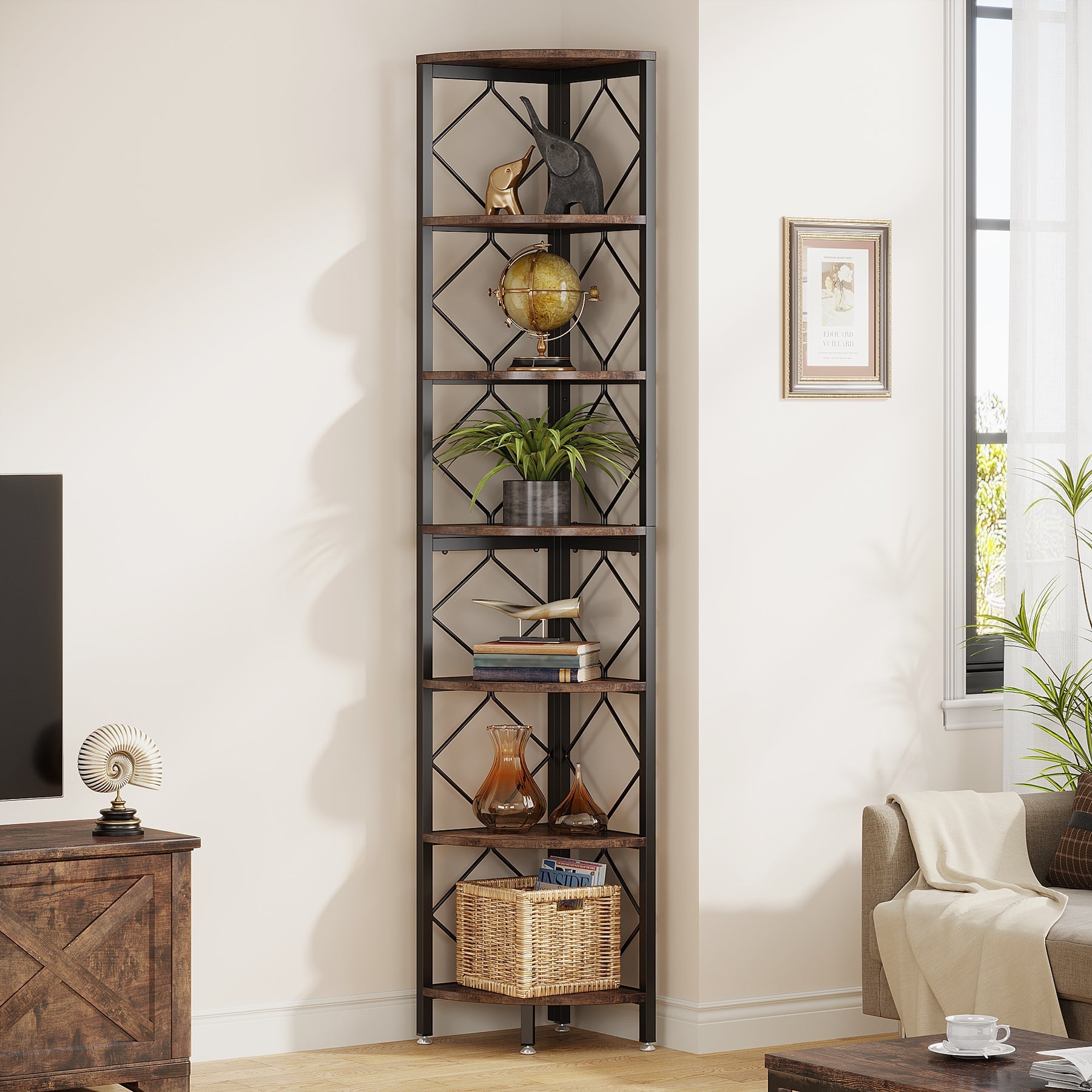 7-Tier Corner Shelf, 200 cm Corner Bookcase Slim Corner Storage Rack