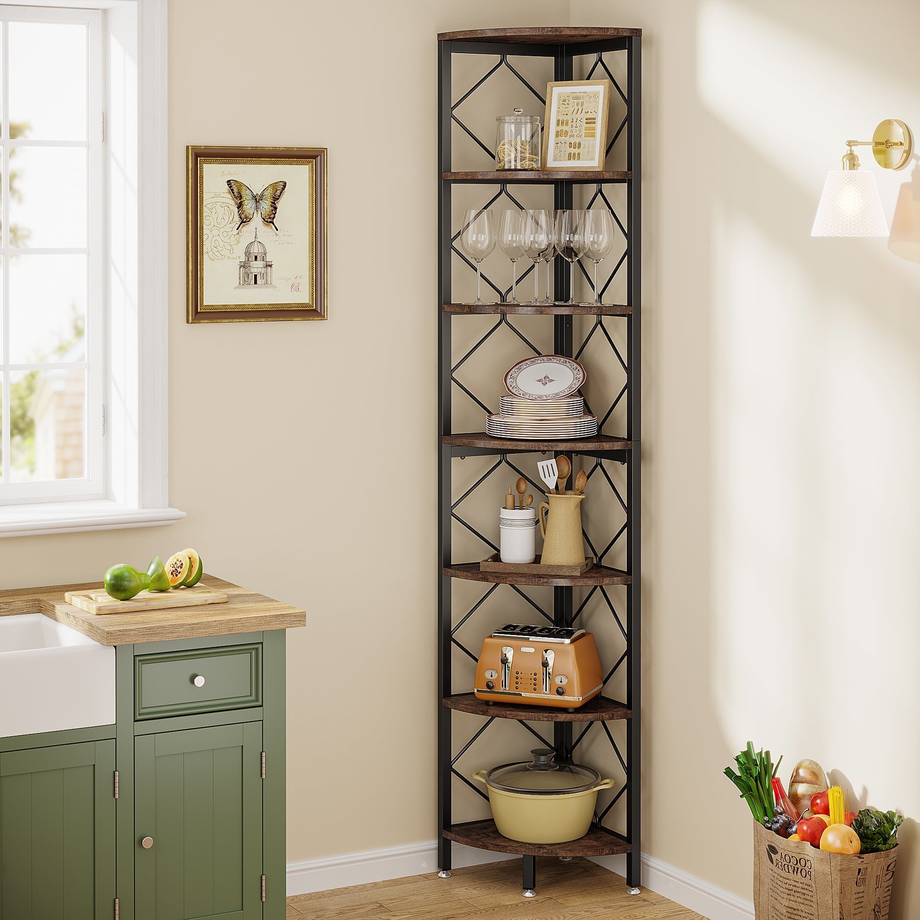 7-Tier Corner Shelf, 200 cm Corner Bookcase Slim Corner Storage Rack