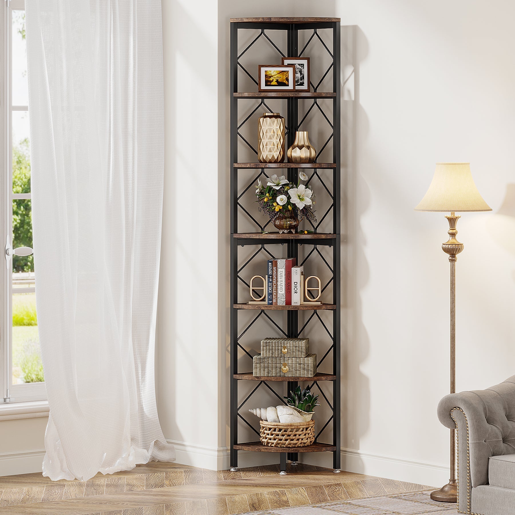 7-Tier Corner Shelf, 200 cm Corner Bookcase Slim Corner Storage Rack