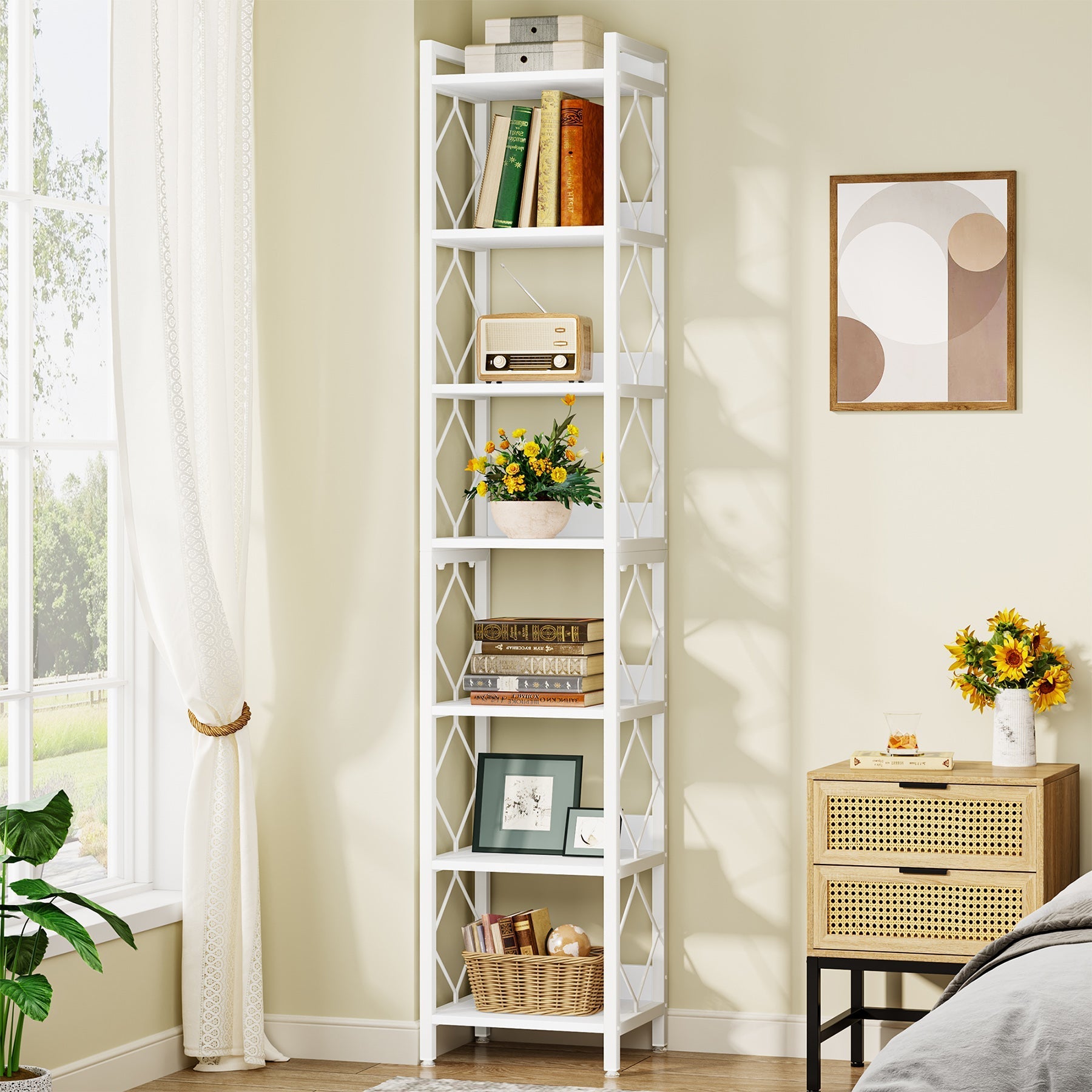 7-Tier Corner Shelf, 200 cm Narrow Bookshelf Corner Bookcase