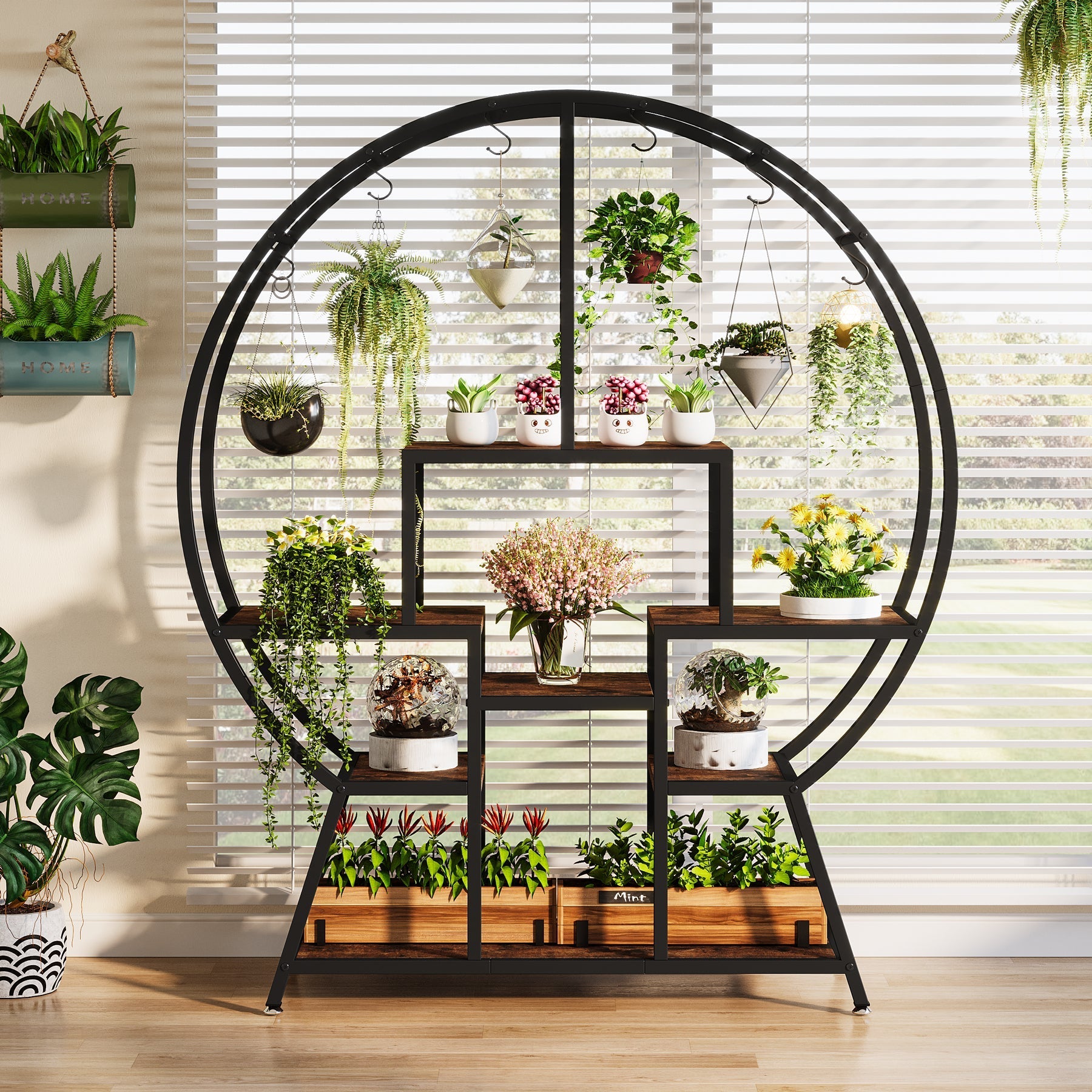 7-Tier Round Plant Stand, 165 cm Tall Plant Shelf with 6 S Hanging Hooks