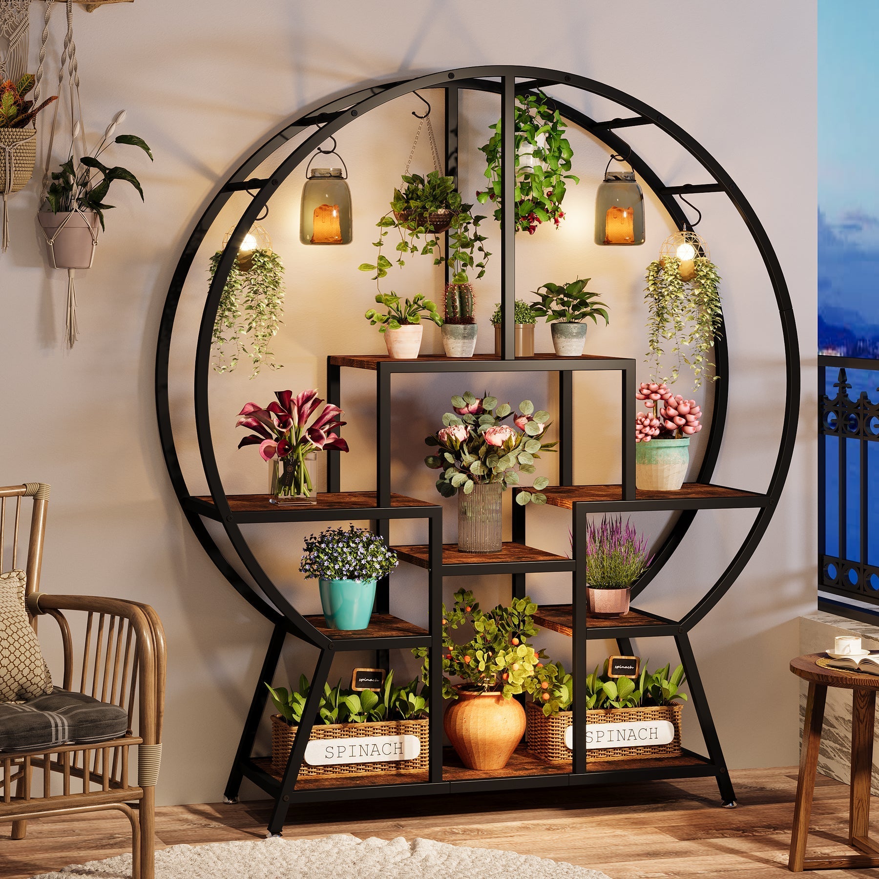 7-Tier Round Plant Stand, 165 cm Tall Plant Shelf with 6 S Hanging Hooks