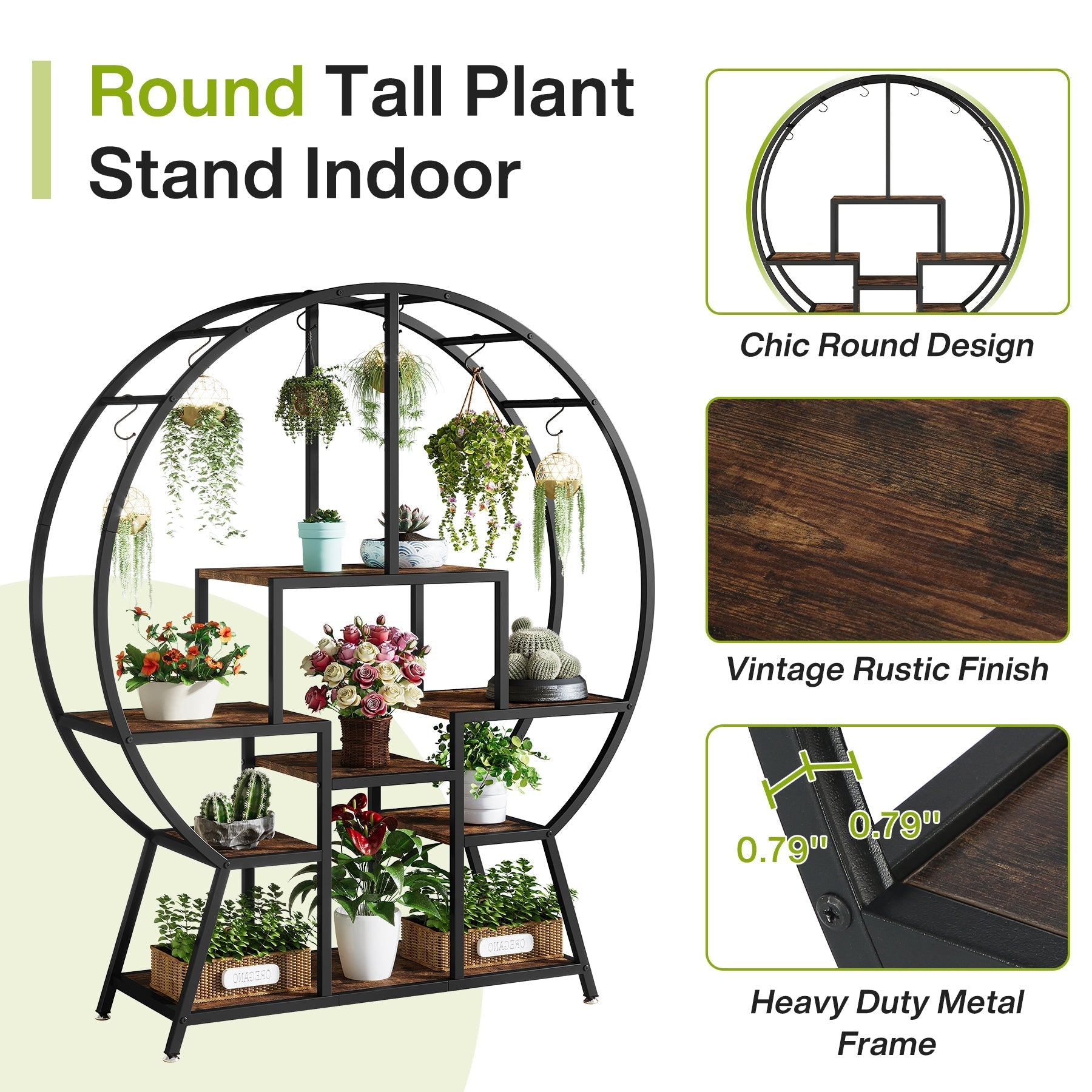 7-Tier Round Plant Stand, 165 cm Tall Plant Shelf with 6 S Hanging Hooks