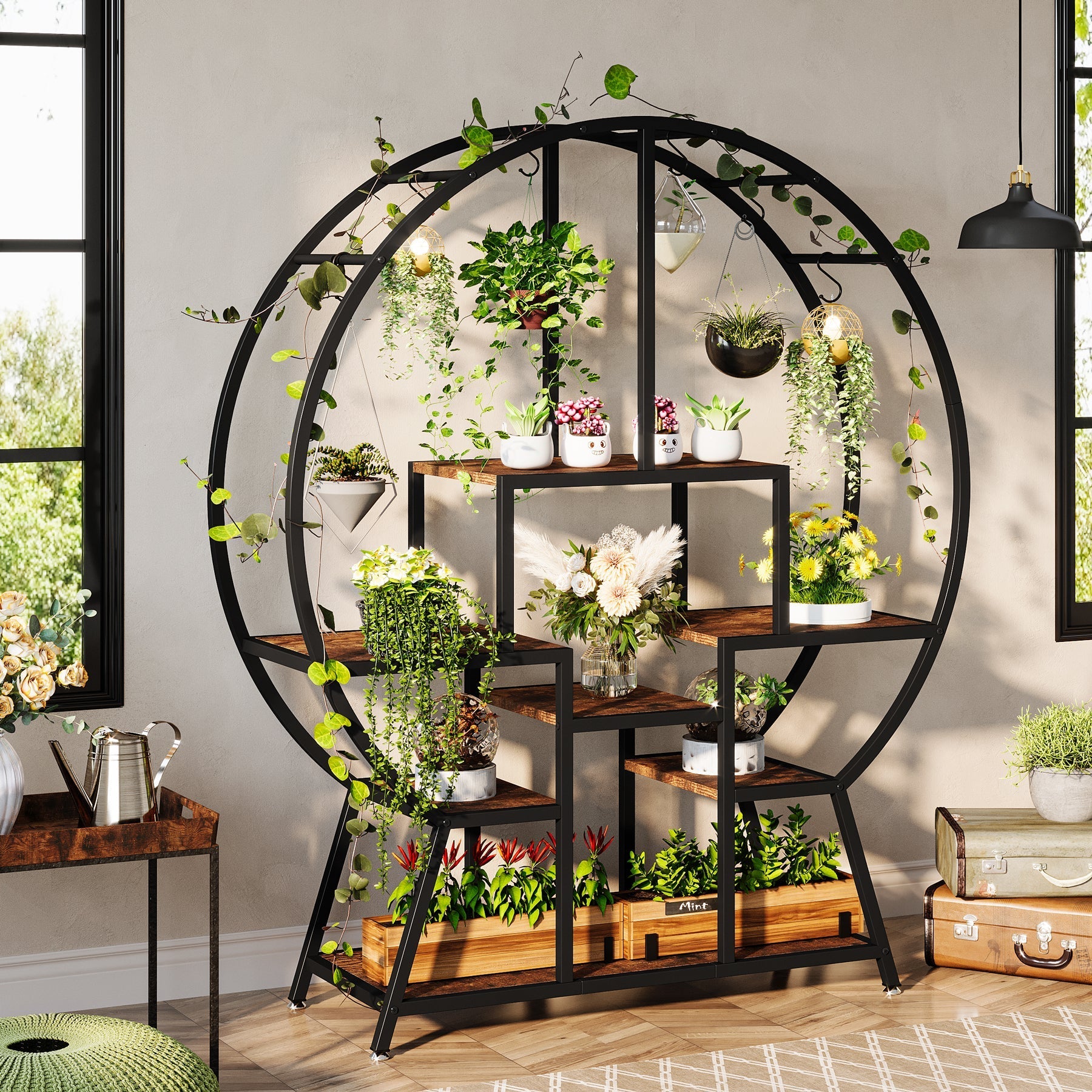 7-Tier Round Plant Stand, 165 cm Tall Plant Shelf with 6 S Hanging Hooks