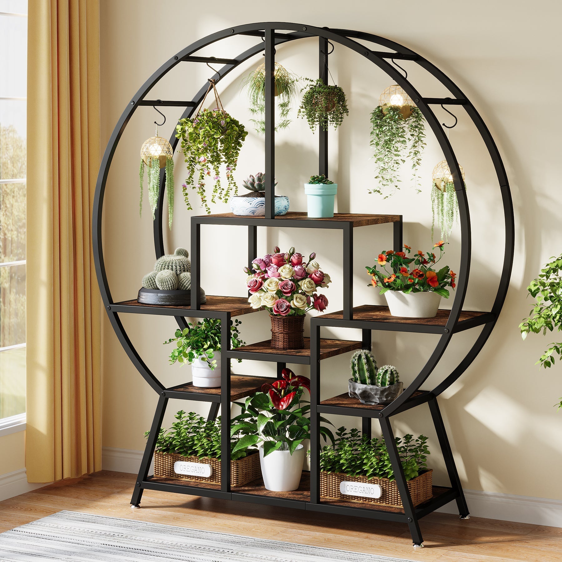 7-Tier Round Plant Stand, 165 cm Tall Plant Shelf with 6 S Hanging Hooks