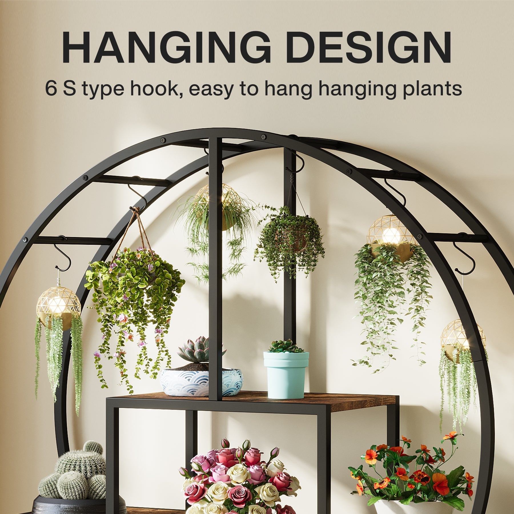 7-Tier Round Plant Stand, 165 cm Tall Plant Shelf with 6 S Hanging Hooks