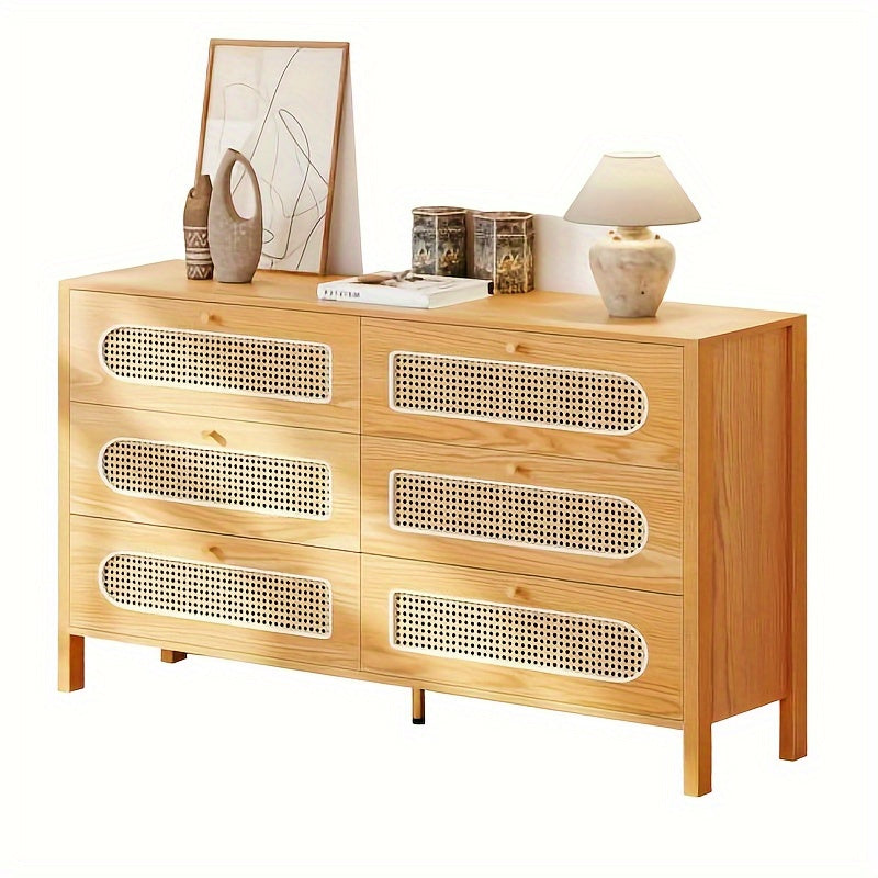 6 Drawer Dresser, 120cm Rattan Double Dresser with Handles, 3 Layers Chest of Drawers for Bedroom, Living Room, Oak Color