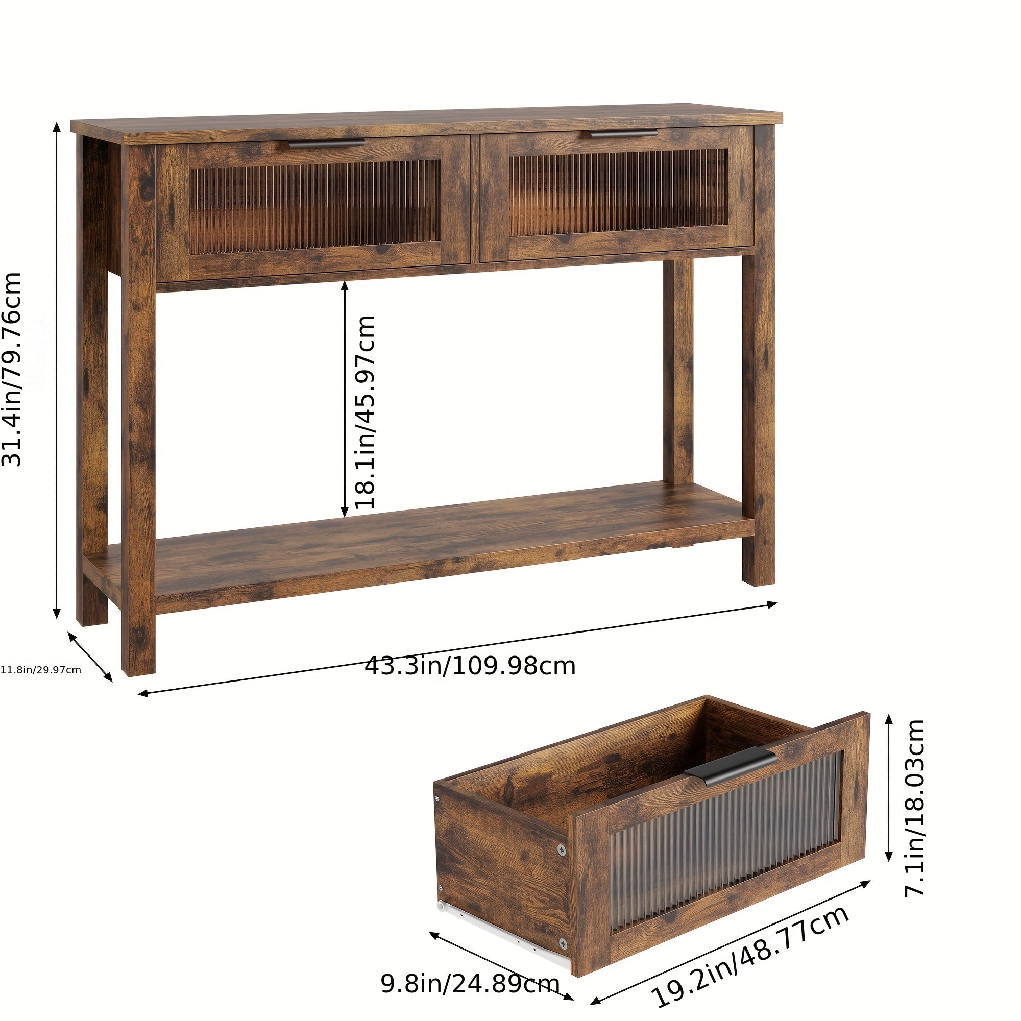 Entryway Table, Wood Console Table with 2 Glass Drawers, 2-Tier Sofa Table with Storage for Living Room, Foyer Tables for Entryway (in cm)