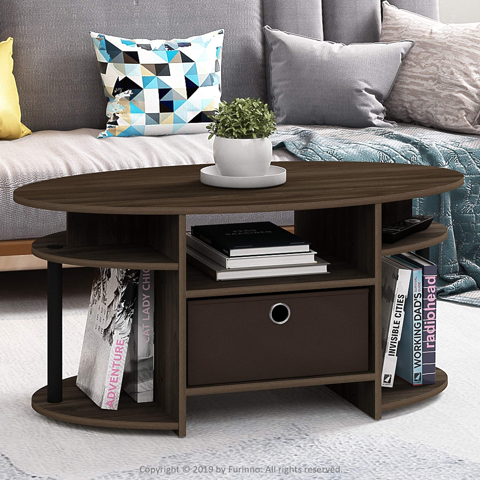 Multiple Colour Wooden Coffee Table for Living Room, Simple Design Oval Coffee Table with Storage Bin, Modern Center Table, Space-Saving, Stylish and Sturdy, Easy Assembly, Multifunctional Furniture for Home or Office