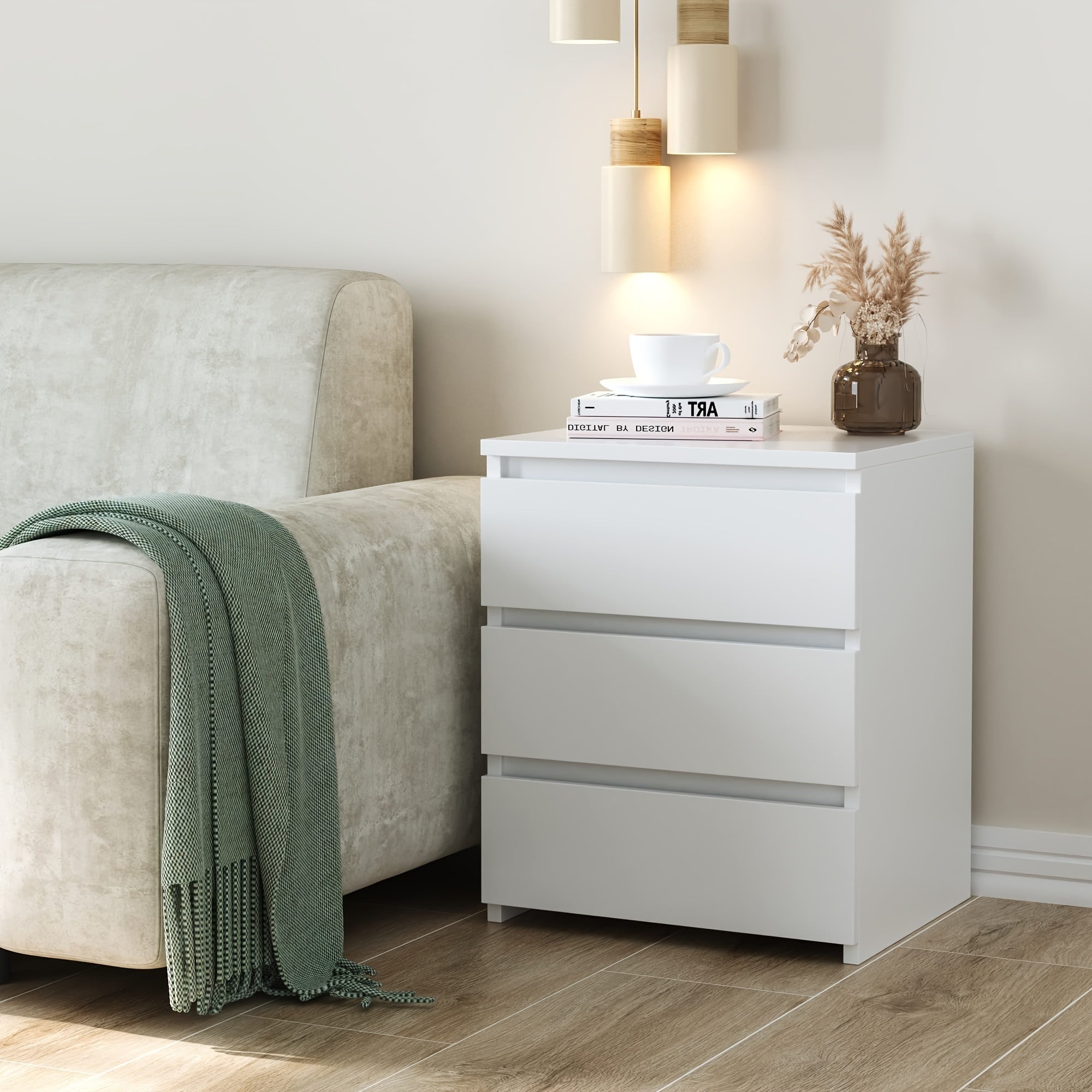 White Nightstand With 3 Drawers, White End Table For Bedroom, Living Room, Home Office