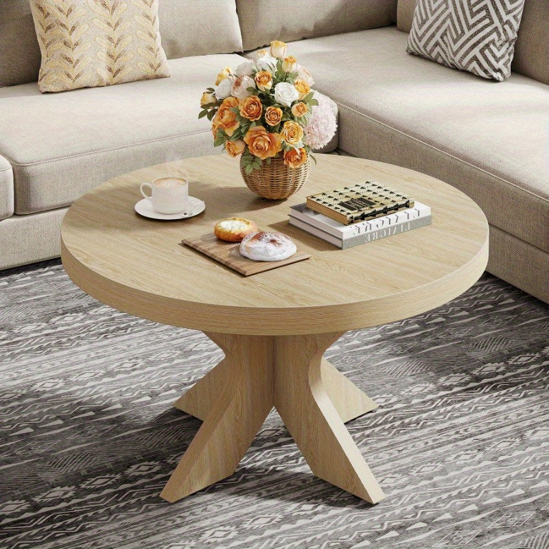 Elegant 79cm Round Wooden Coffee Table with Dual X-Shaped Legs - Modern Centerpiece for Living Room