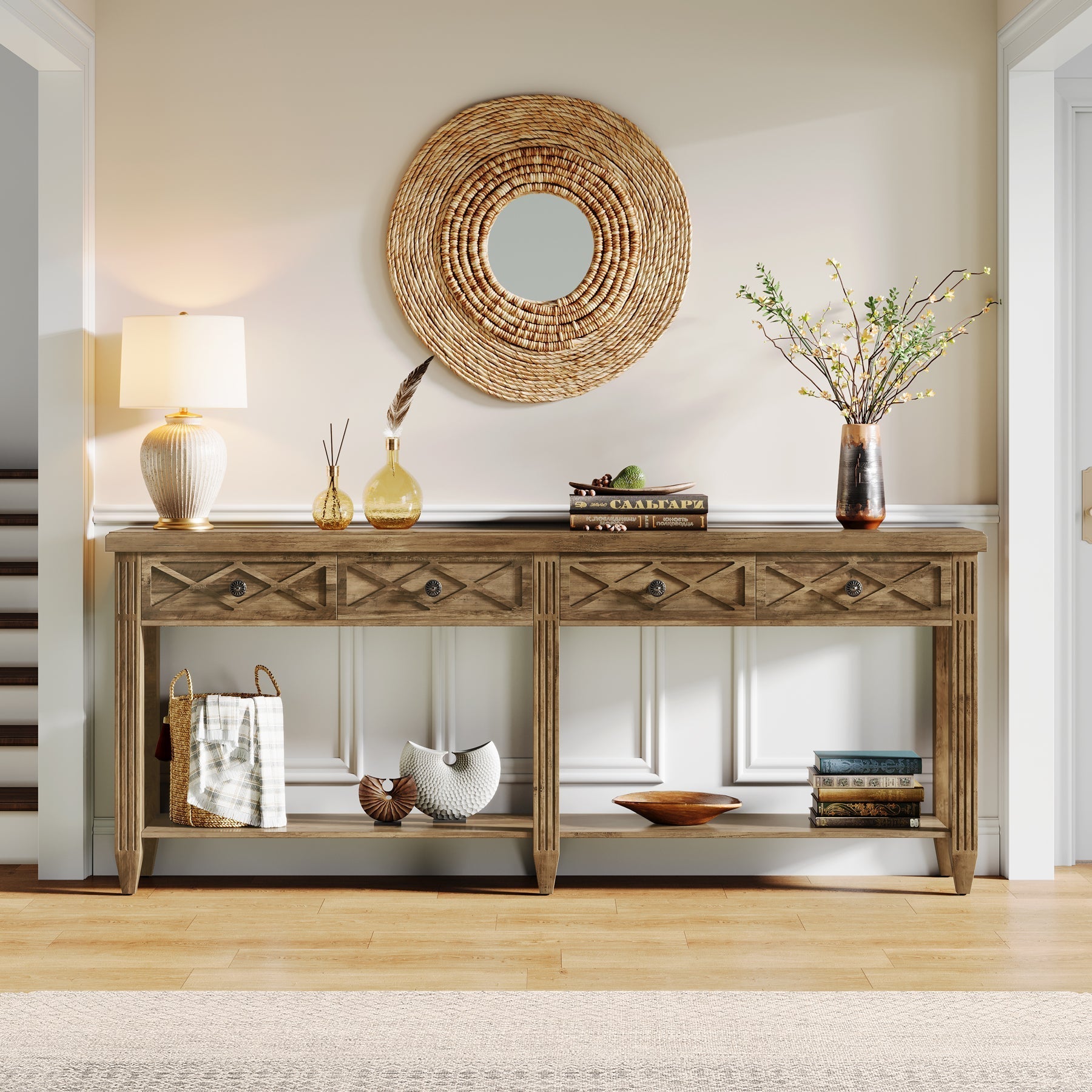 180 cm Console Table, 4-Drawer Farmhouse Sofa Table with Bottom Storage