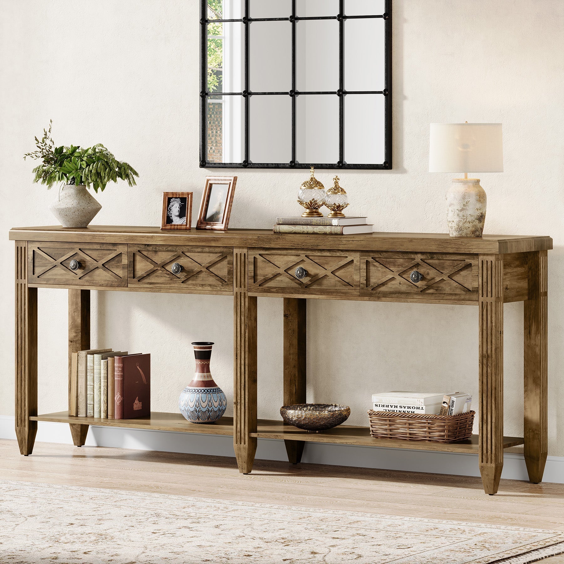 180 cm Console Table, 4-Drawer Farmhouse Sofa Table with Bottom Storage