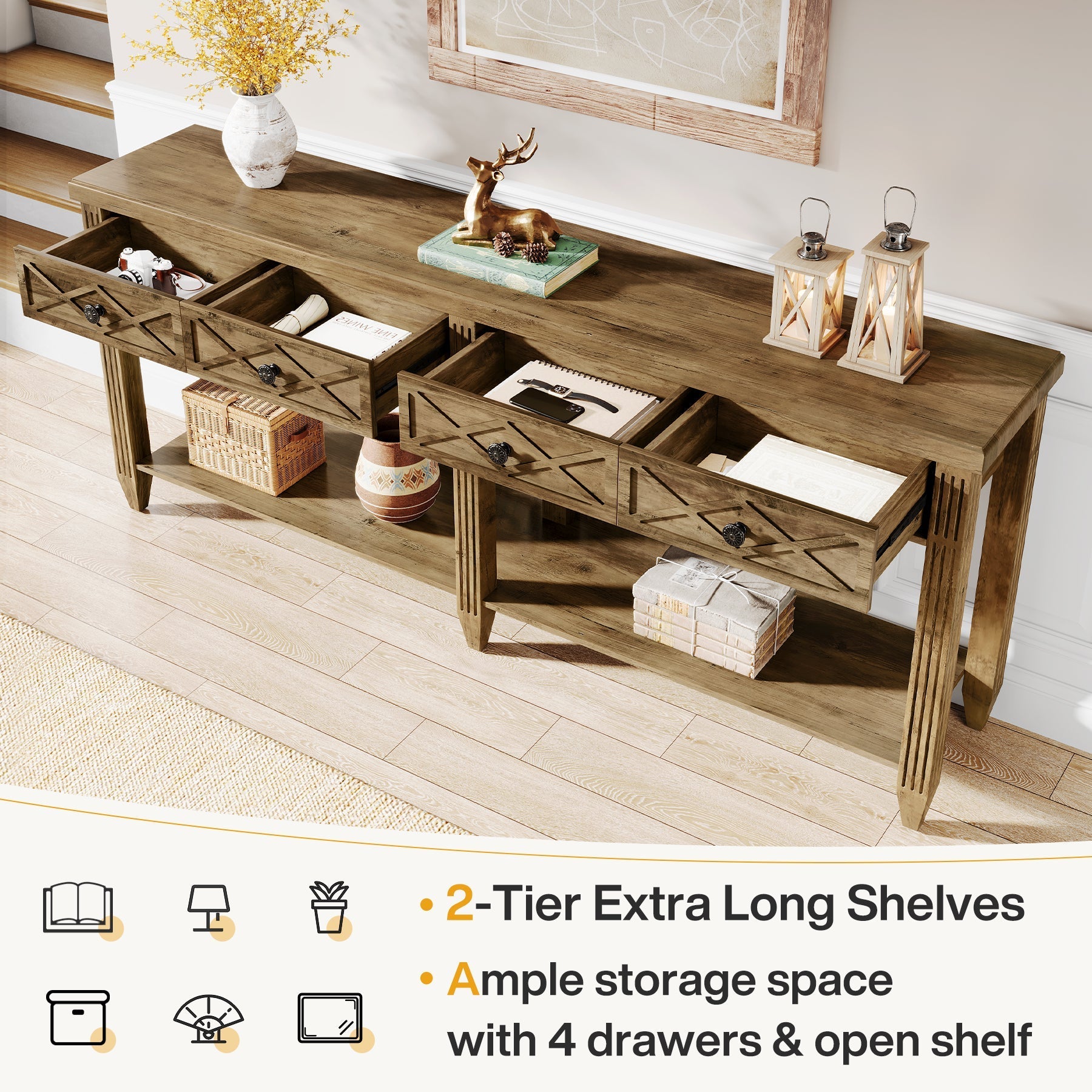 180 cm Console Table, 4-Drawer Farmhouse Sofa Table with Bottom Storage