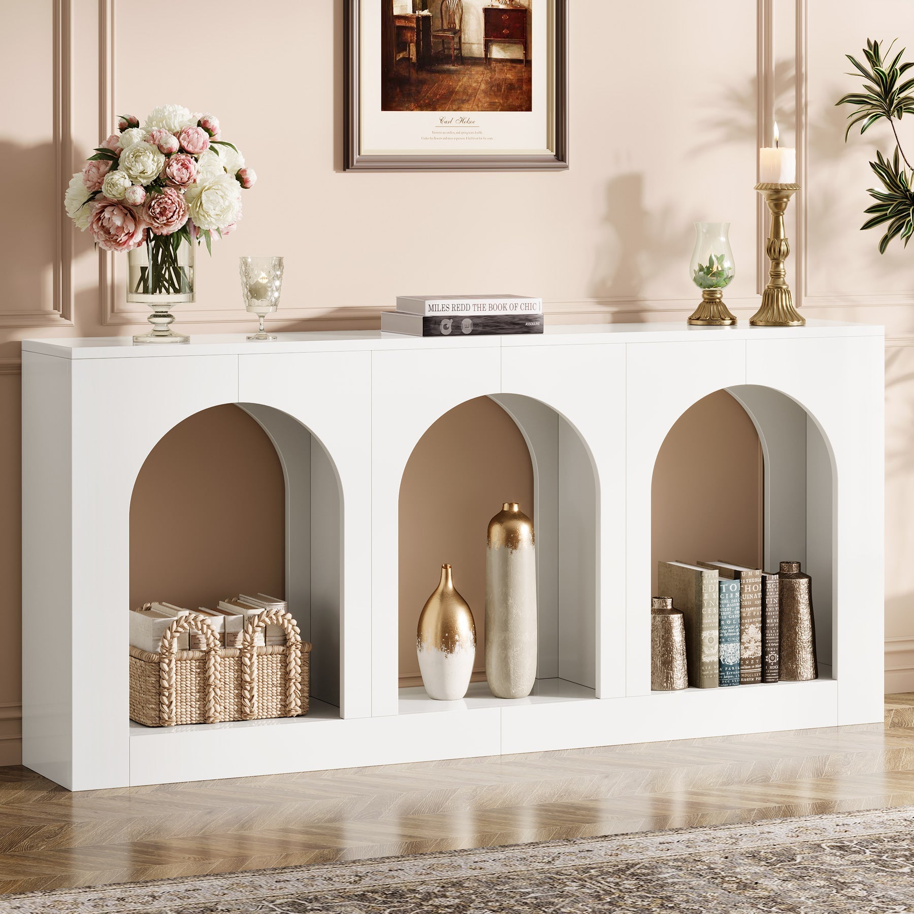 180 cm Console Table, Wood Entryway Table with 3 Arched Shelves