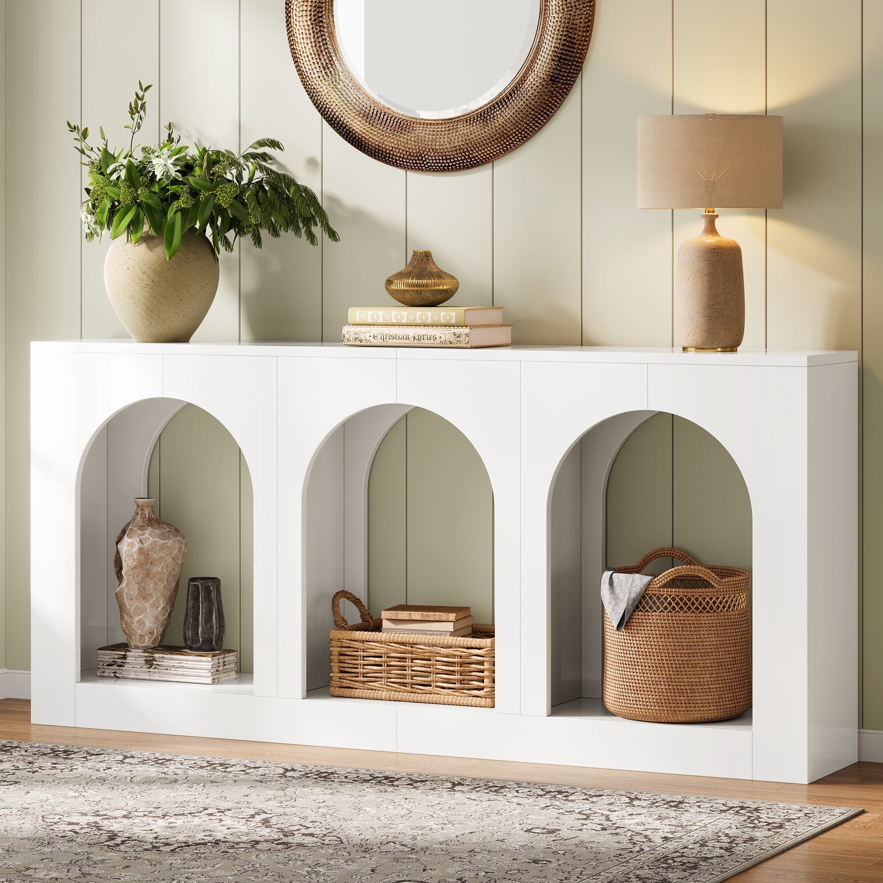 180 cm Console Table, Wood Entryway Table with 3 Arched Shelves