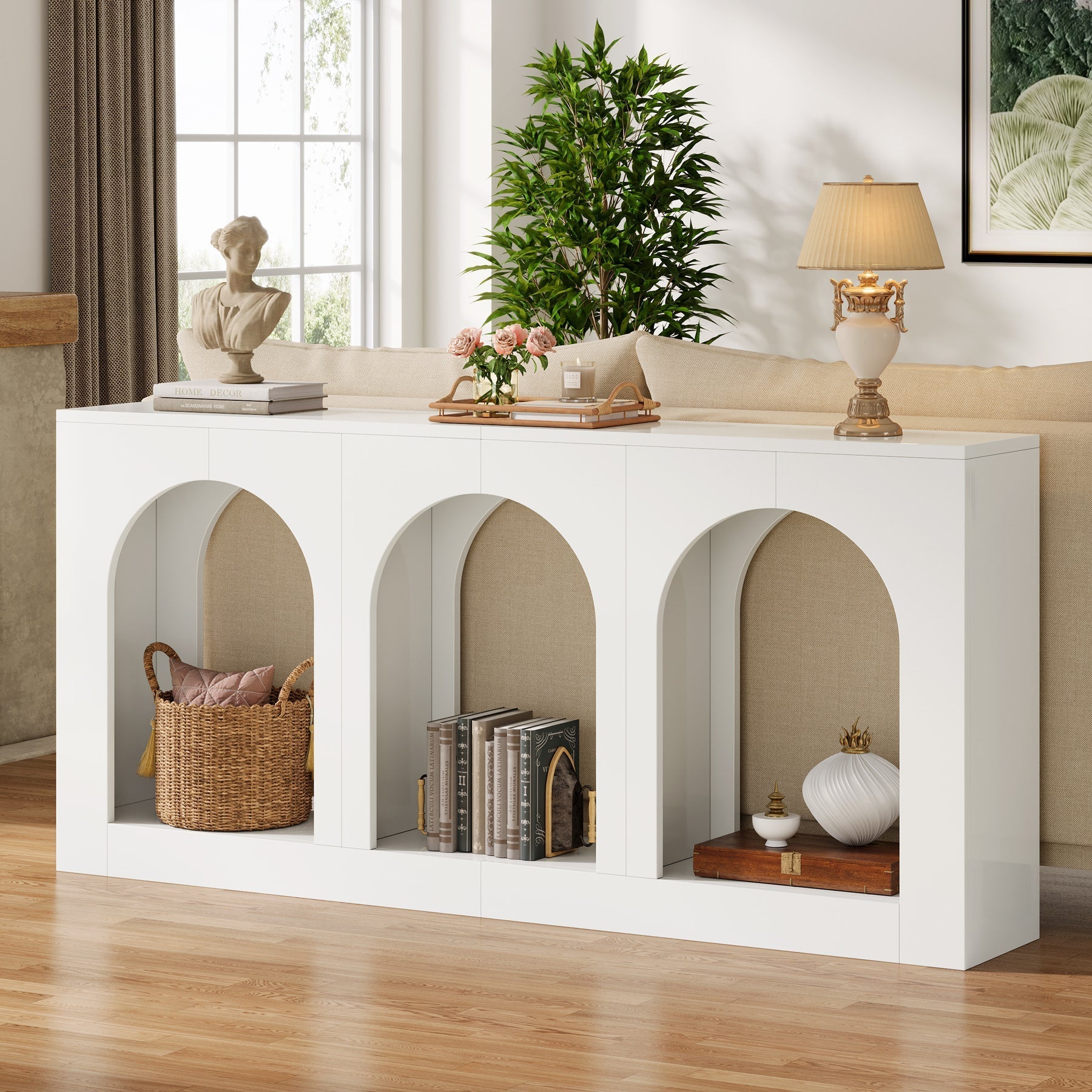 180 cm Console Table, Wood Entryway Table with 3 Arched Shelves