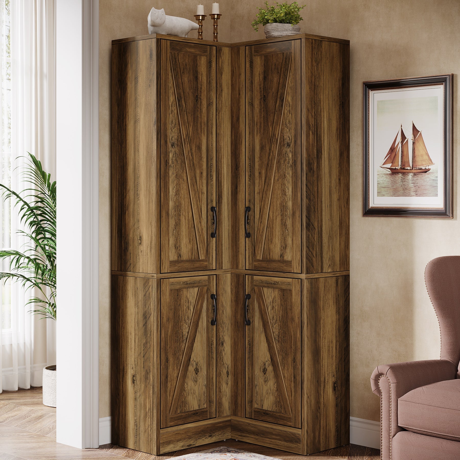 180 cm Corner Cabinet, Farmhouse Storage Cabinet with Doors