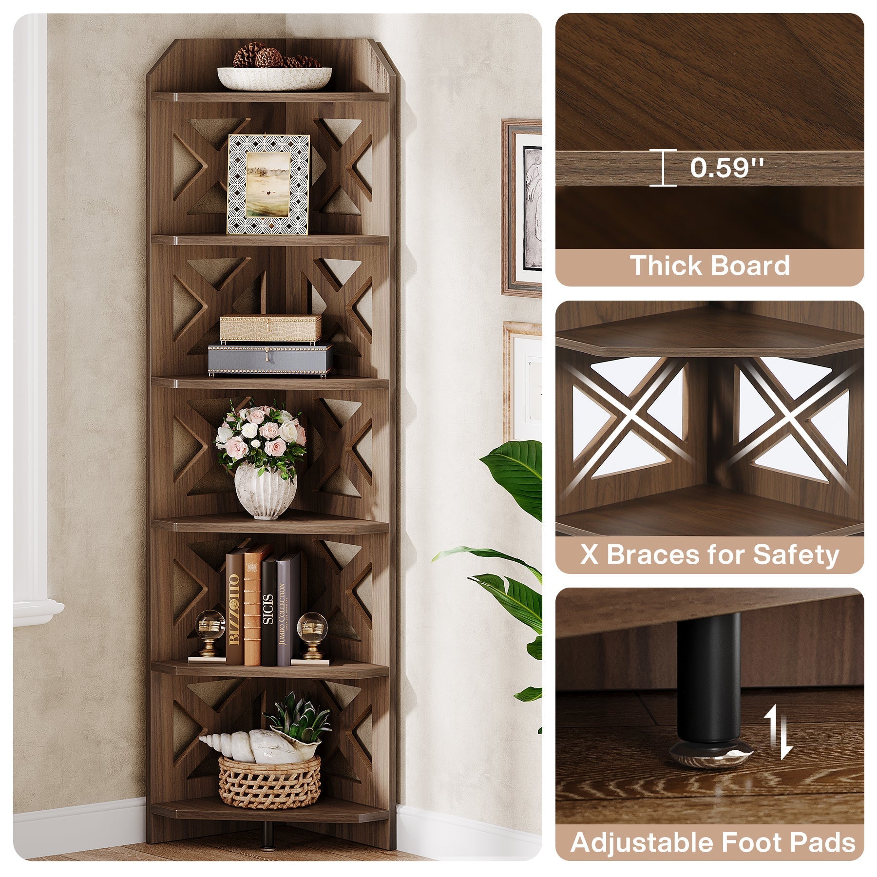 180 cm Corner Shelf, 6-Tier Corner Bookcase Display Shelves Plant Stand