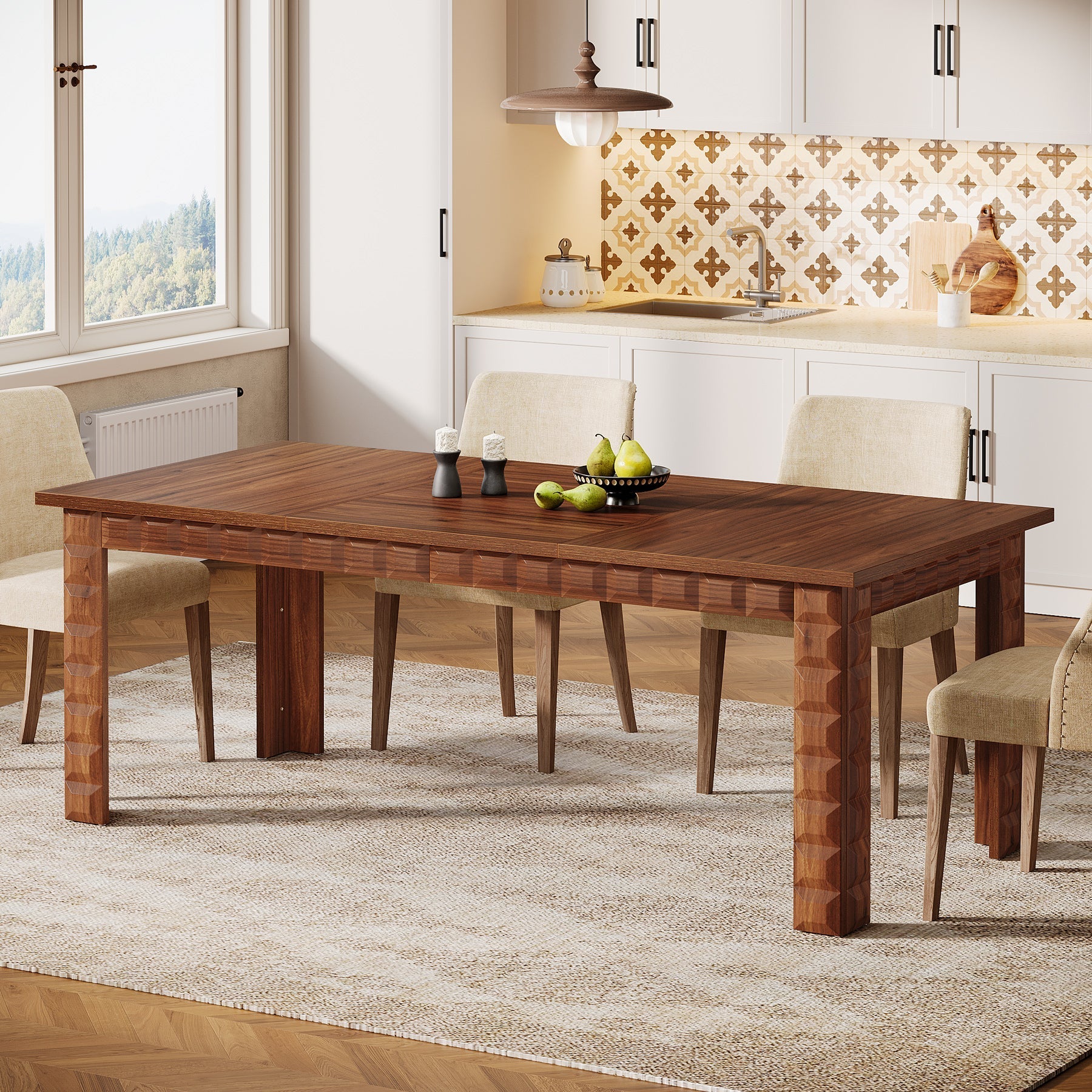 180 cm Dining Table, Farmhouse Kitchen Table for 6-8 People