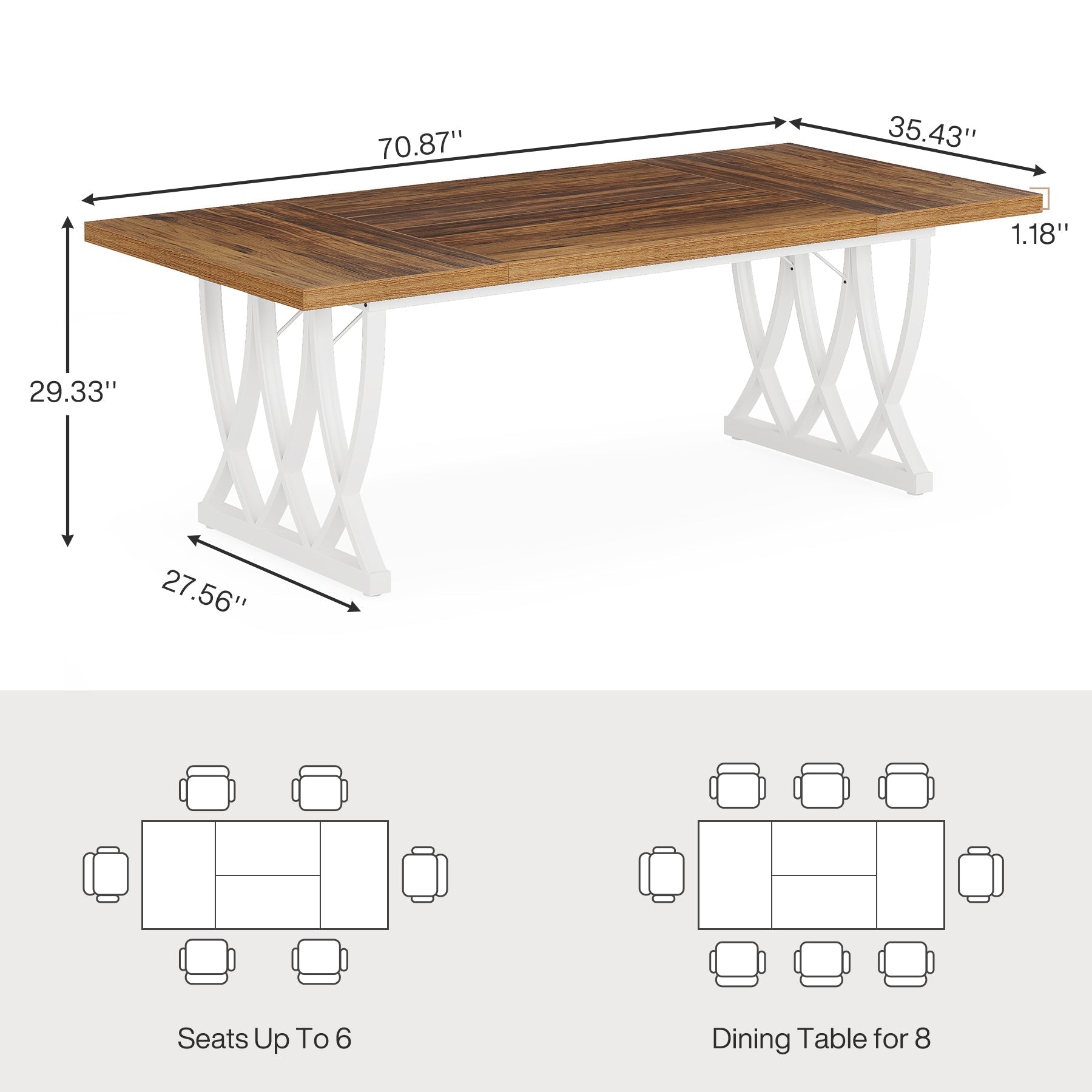 180 cm Dining Table, Wood Kitchen Table Dinner Table for 6-8 People