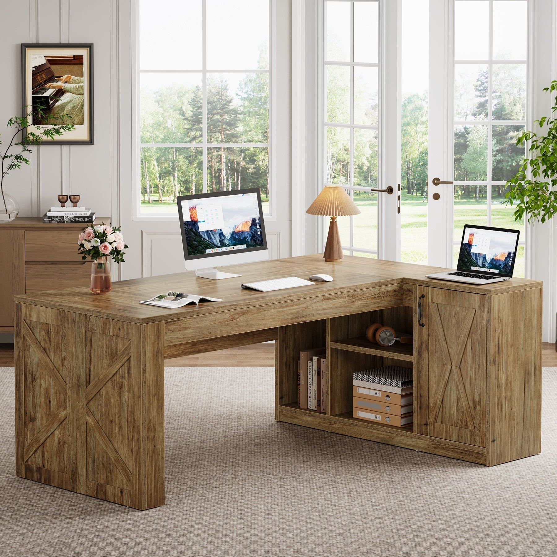 180 cm Executive Desk, L-Shaped Computer Table with Storage Cabinet