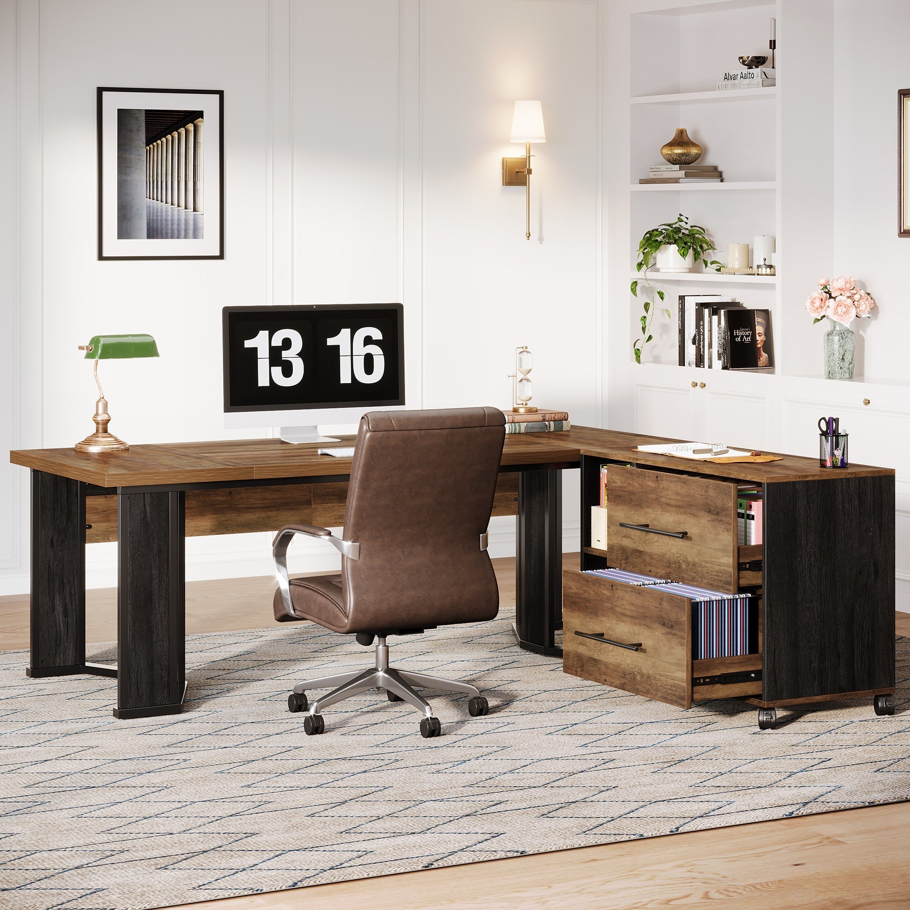 180 cm Executive Desk, L-Shaped Home Office Desk with File Cabinet