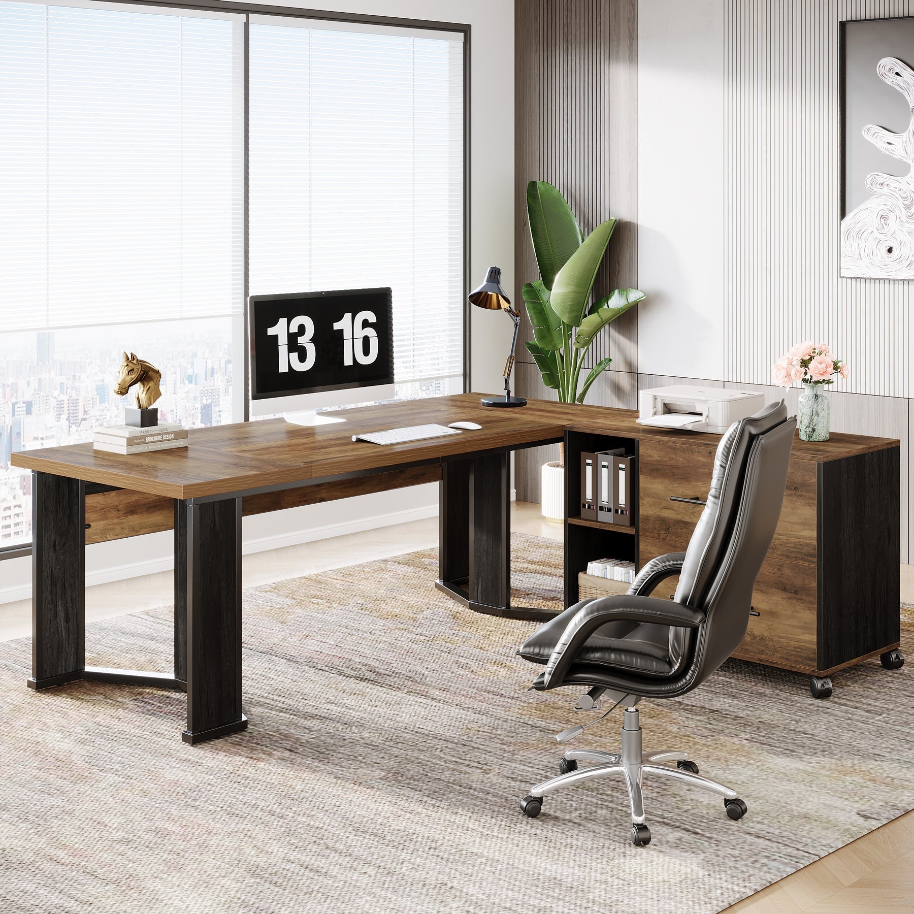 180 cm Executive Desk, L-Shaped Home Office Desk with File Cabinet