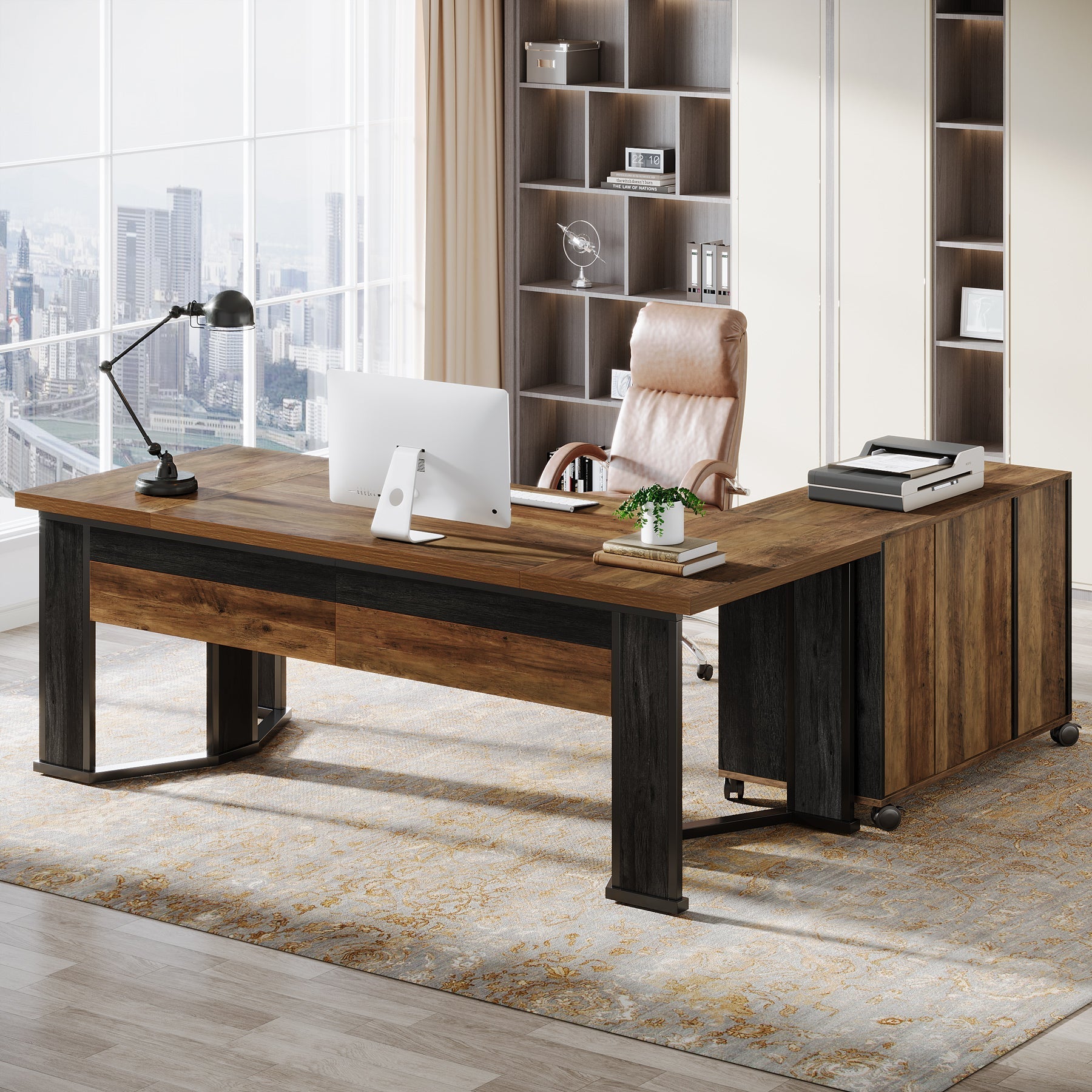 180 cm Executive Desk, L-Shaped Home Office Desk with File Cabinet