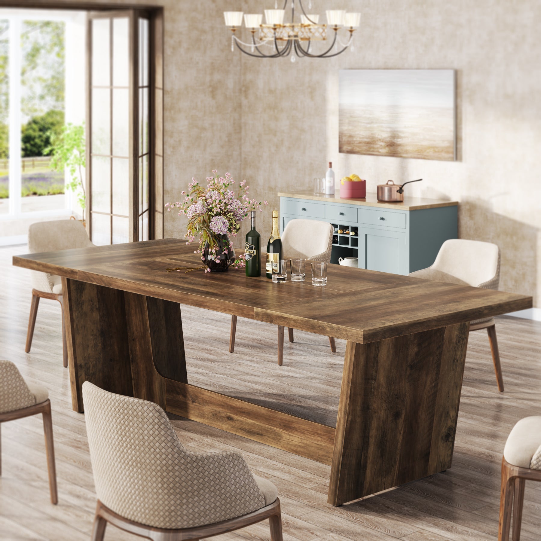 180 cm Dining Table, Wood Farmhouse Kitchen Table for 4-6