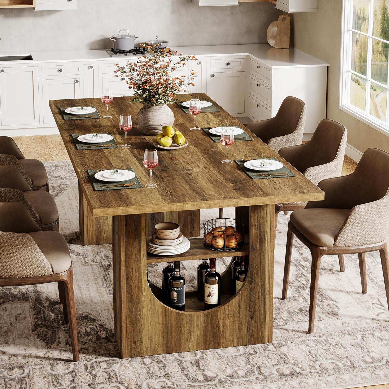 180 cm Kitchen Table, Farmhouse Dining Table with Storage Shelves for 6-8 People