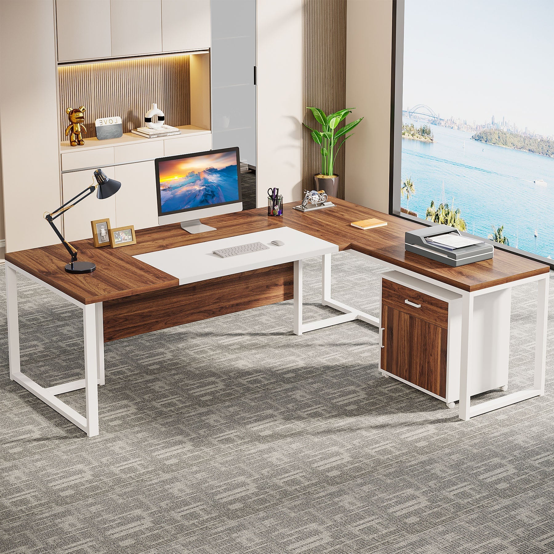 180 cm L-Shaped Desk, Large Executive Desk with Mobile File Cabinet