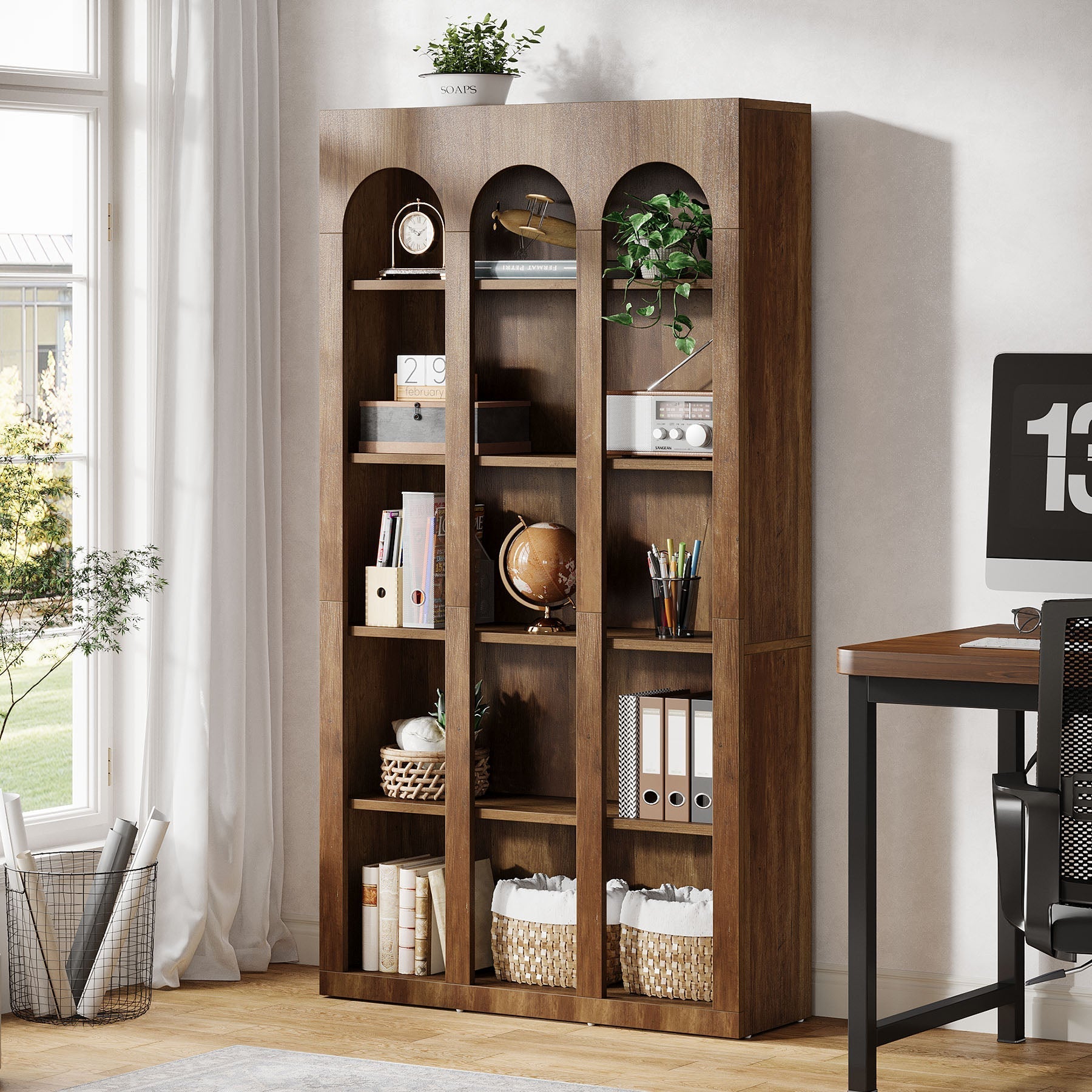 180 cm Wood Bookshelf, 5-Tier Rustic Bookcase Display Storage Shelving Unit