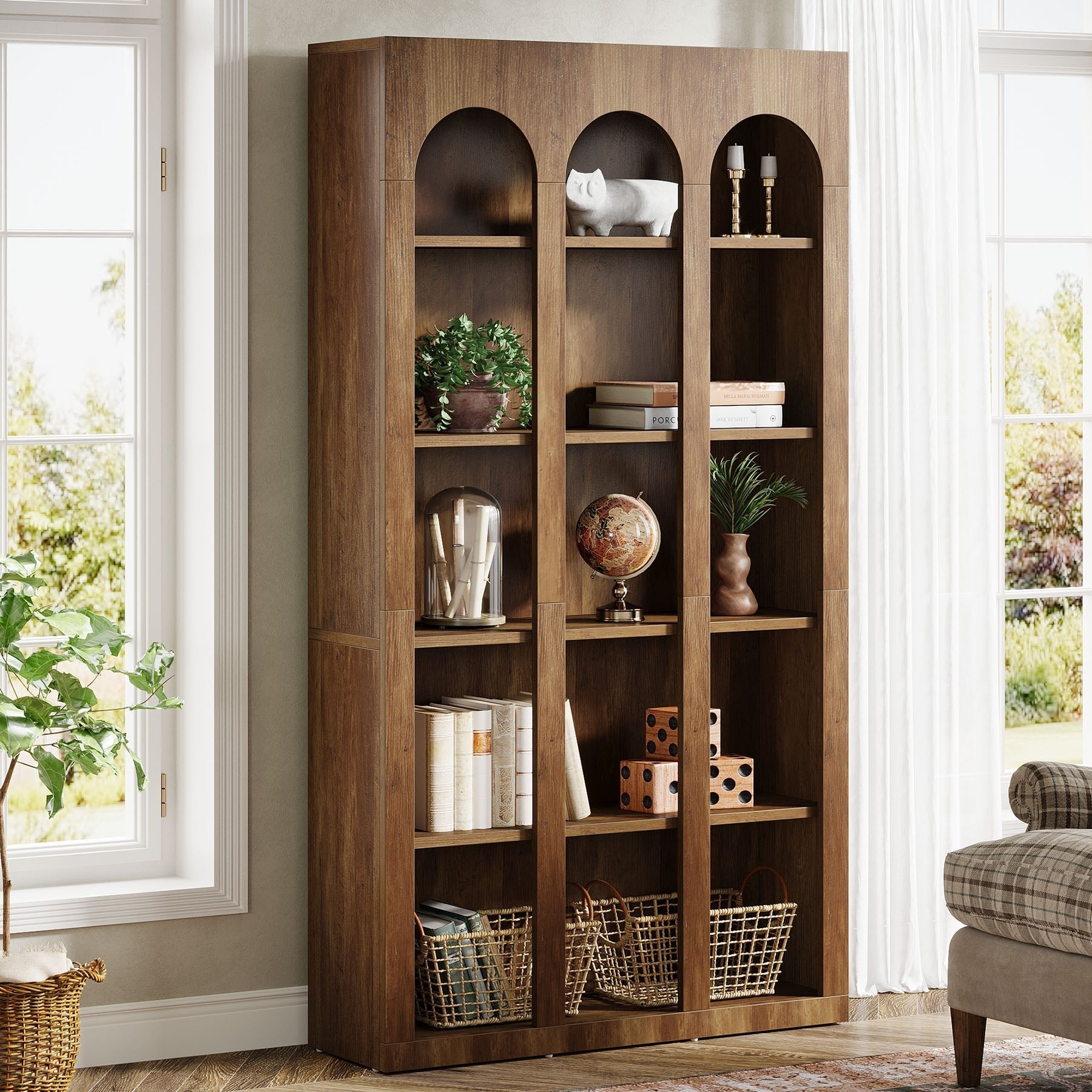 180 cm Wood Bookshelf, 5-Tier Rustic Bookcase Display Storage Shelving Unit