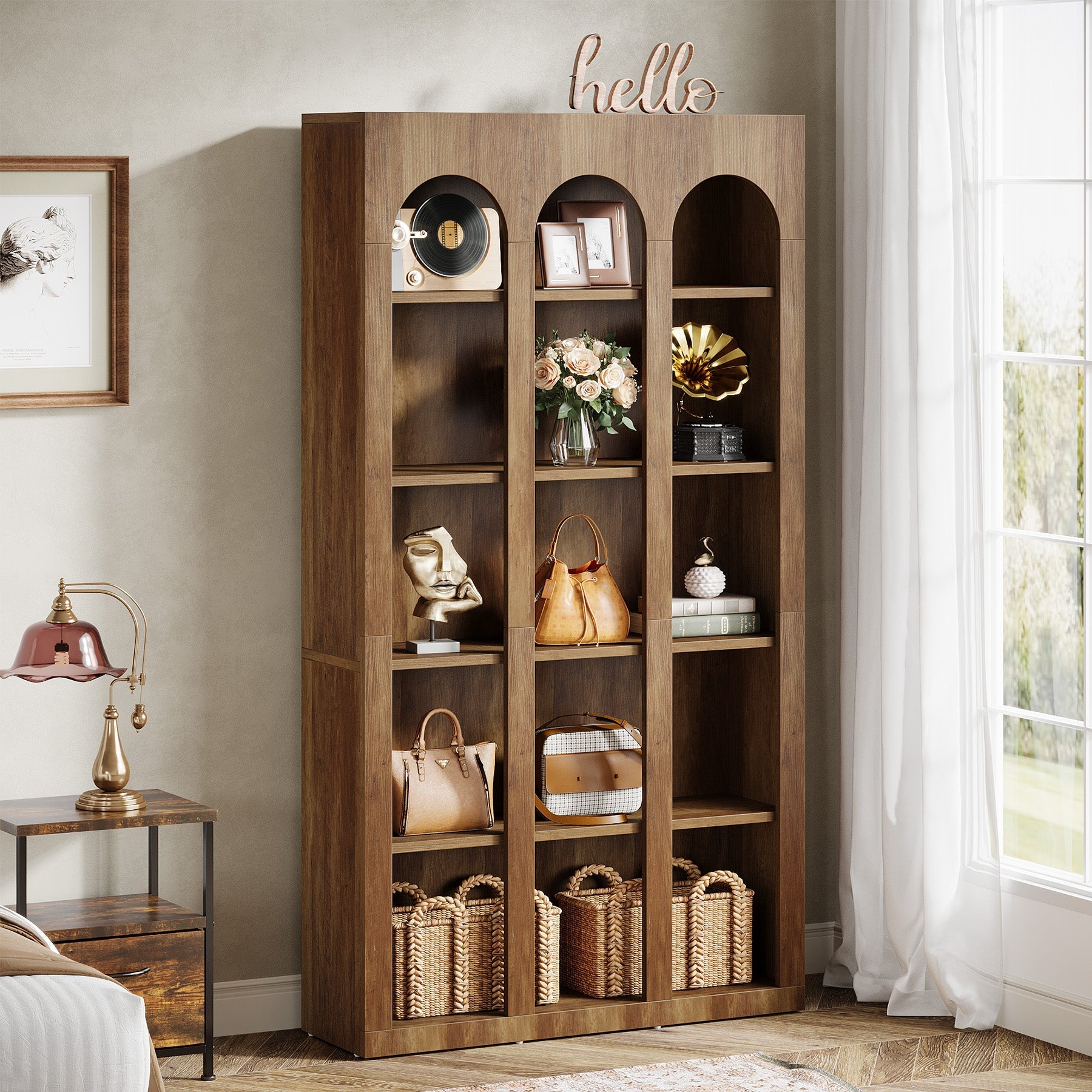 180 cm Wood Bookshelf, 5-Tier Rustic Bookcase Display Storage Shelving Unit