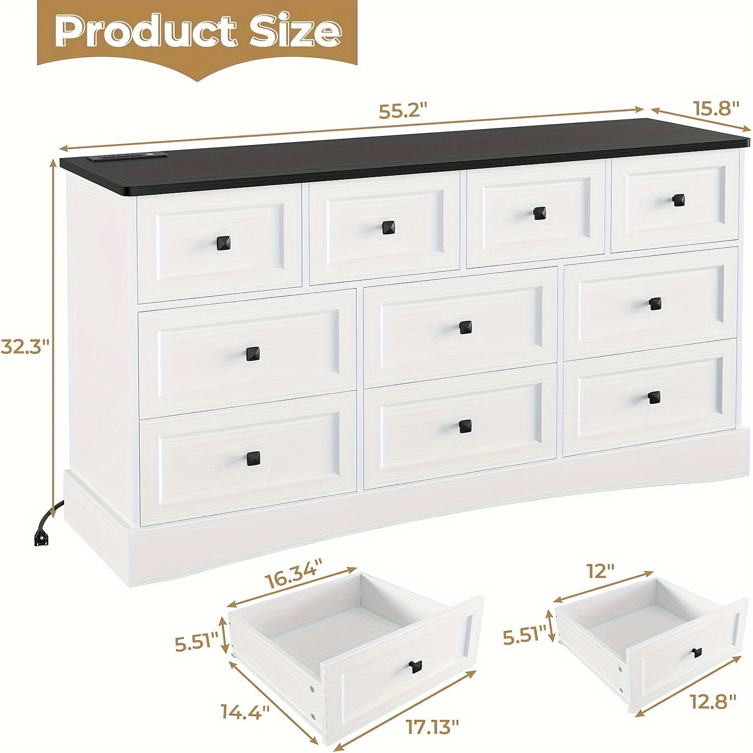 1pcs White/Black Dresser With 10 Drawers For Bedroom, Large Dresser/Chest Of Drawers With Charging Station, 10 Drawers Dresser Storage Cabinets For Living Room